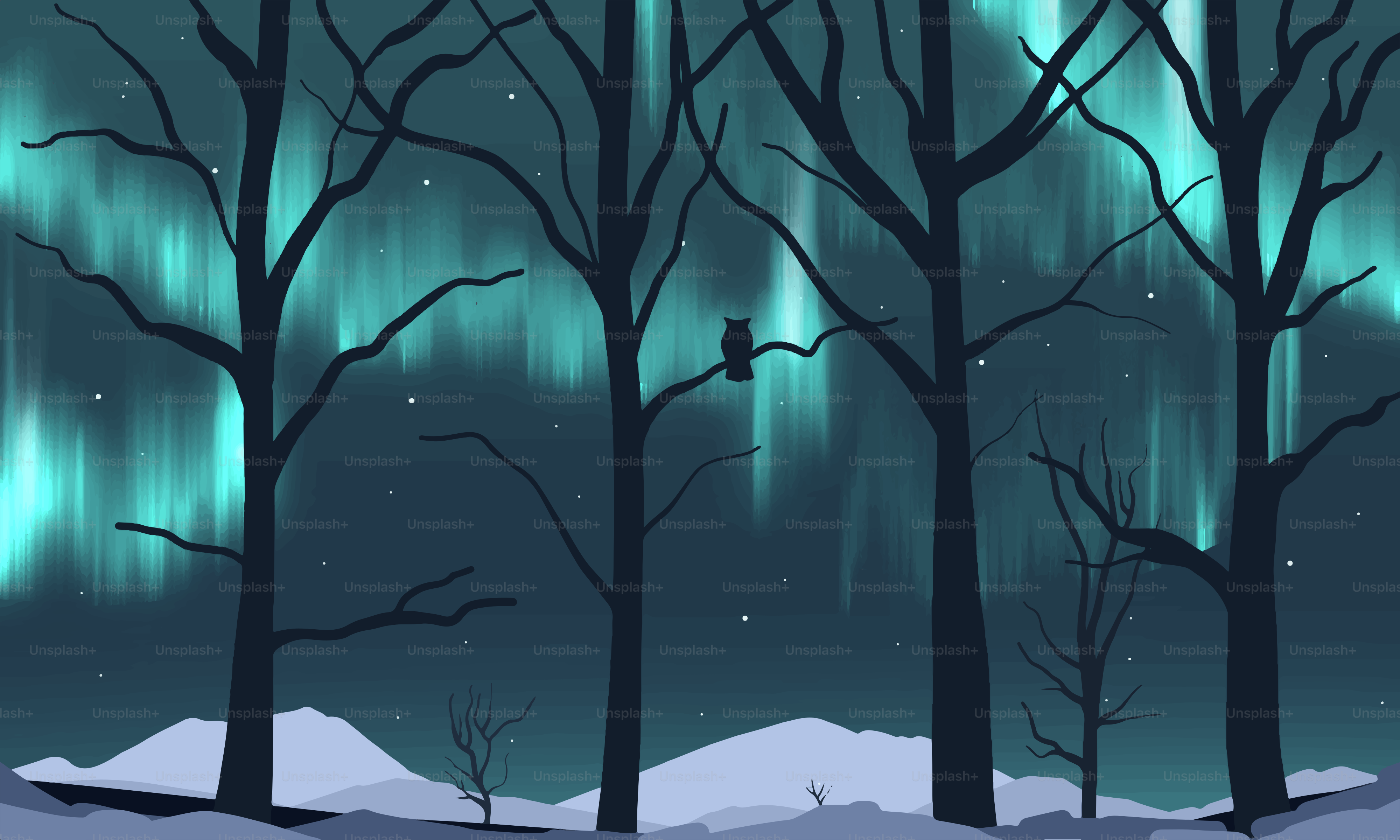 An owl sits on a branch under the aurora borealis.