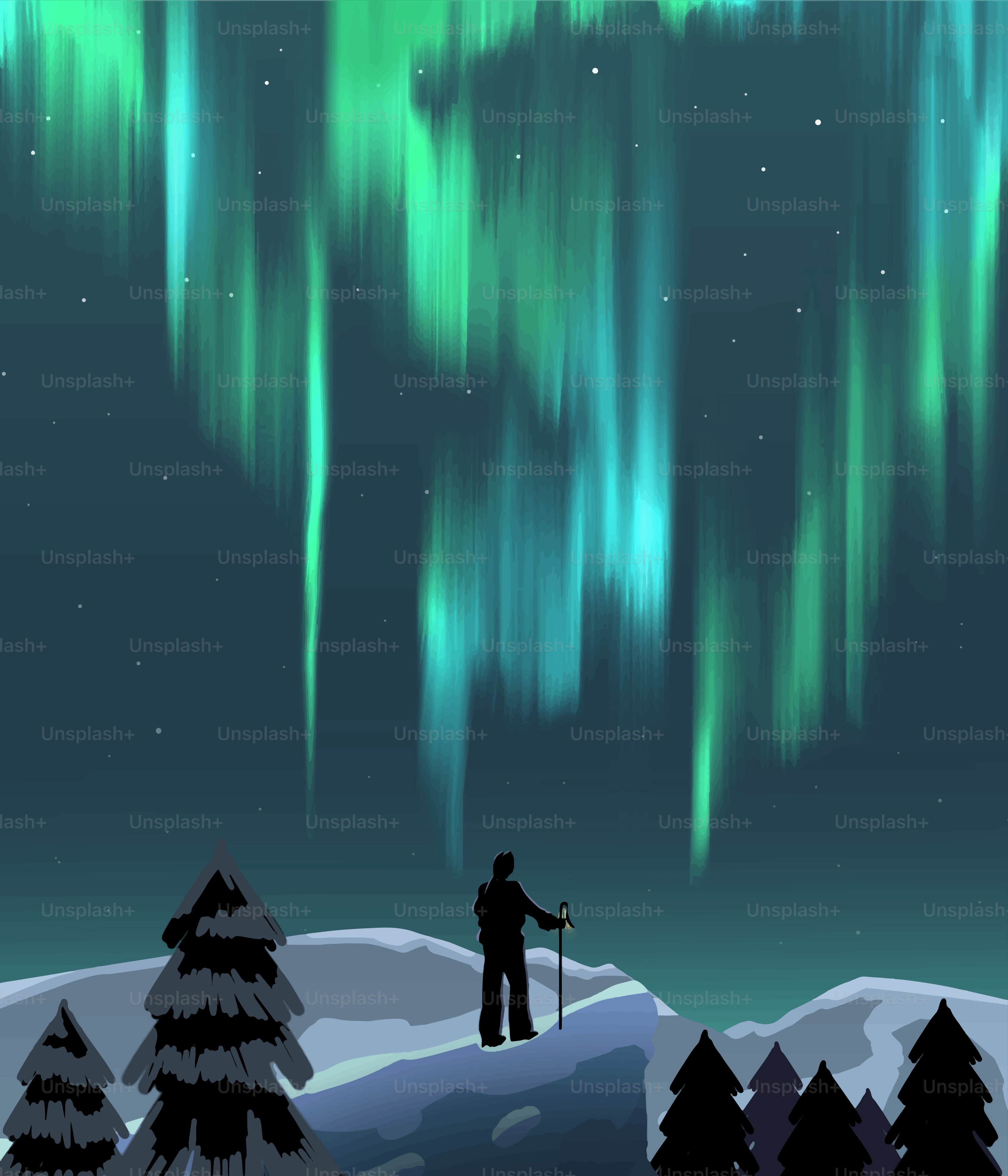 La persona osserva l'aurora boreale sopra montagne innevate.