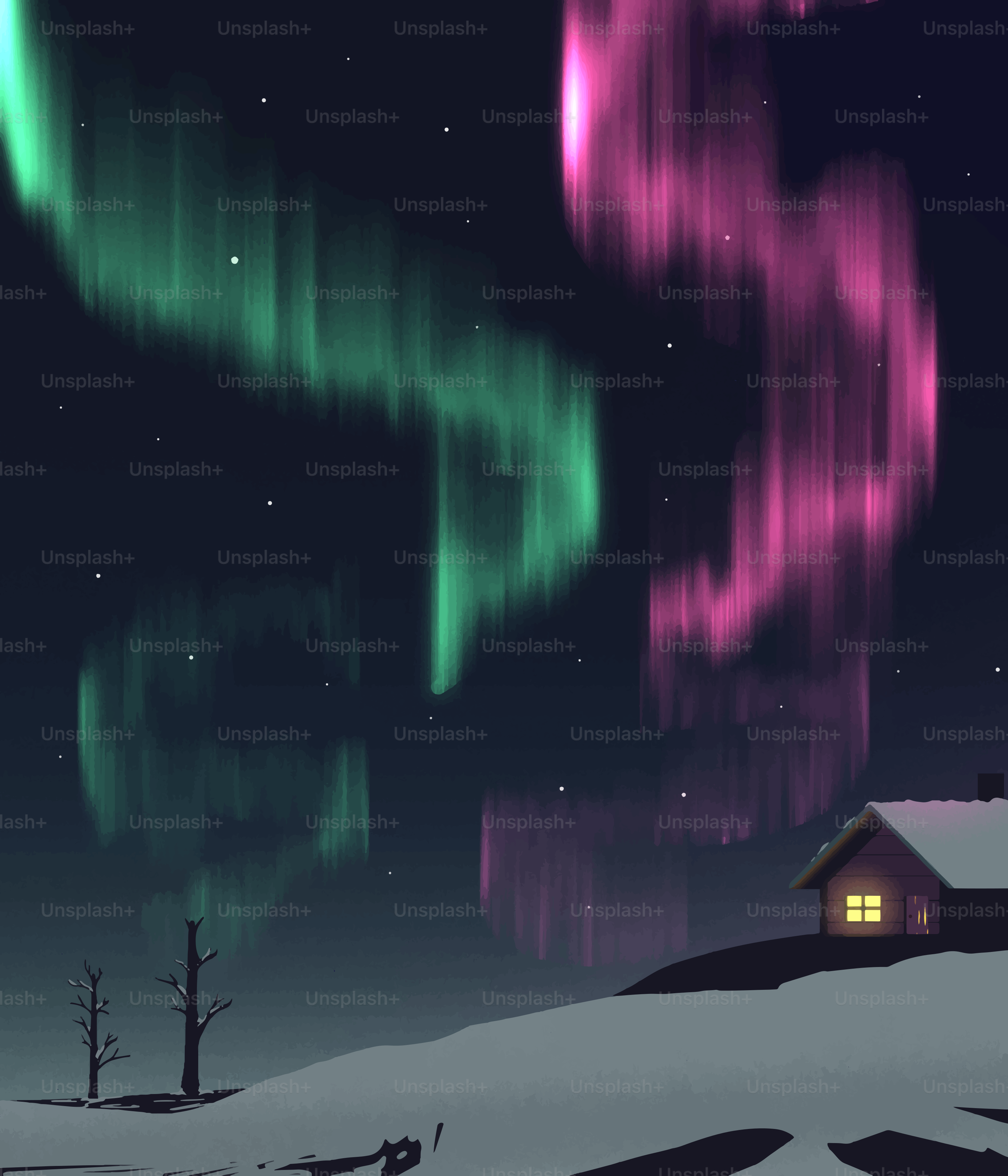 Aurora borealis over a snowy landscape with a small house.