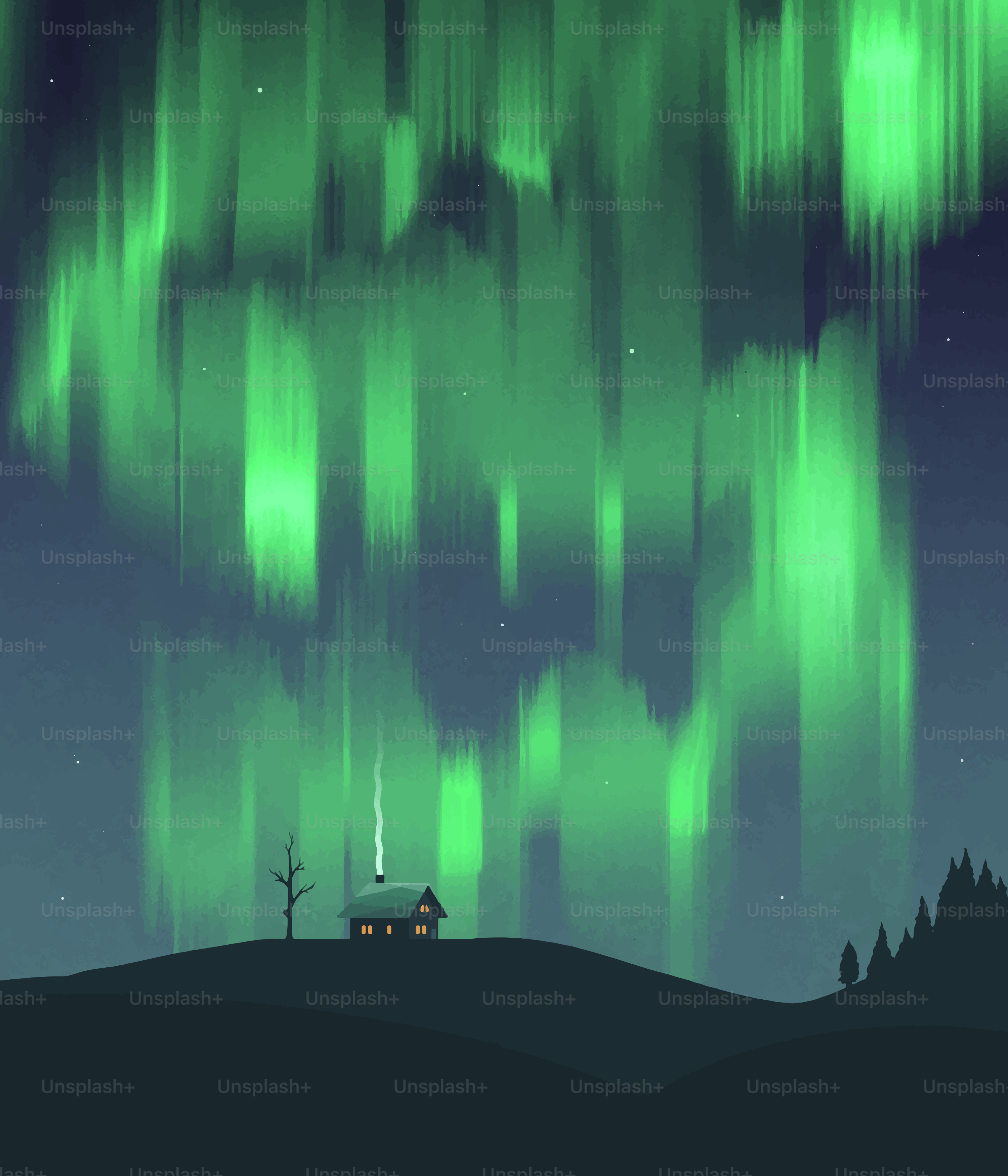 Green aurora borealis over a small cabin.