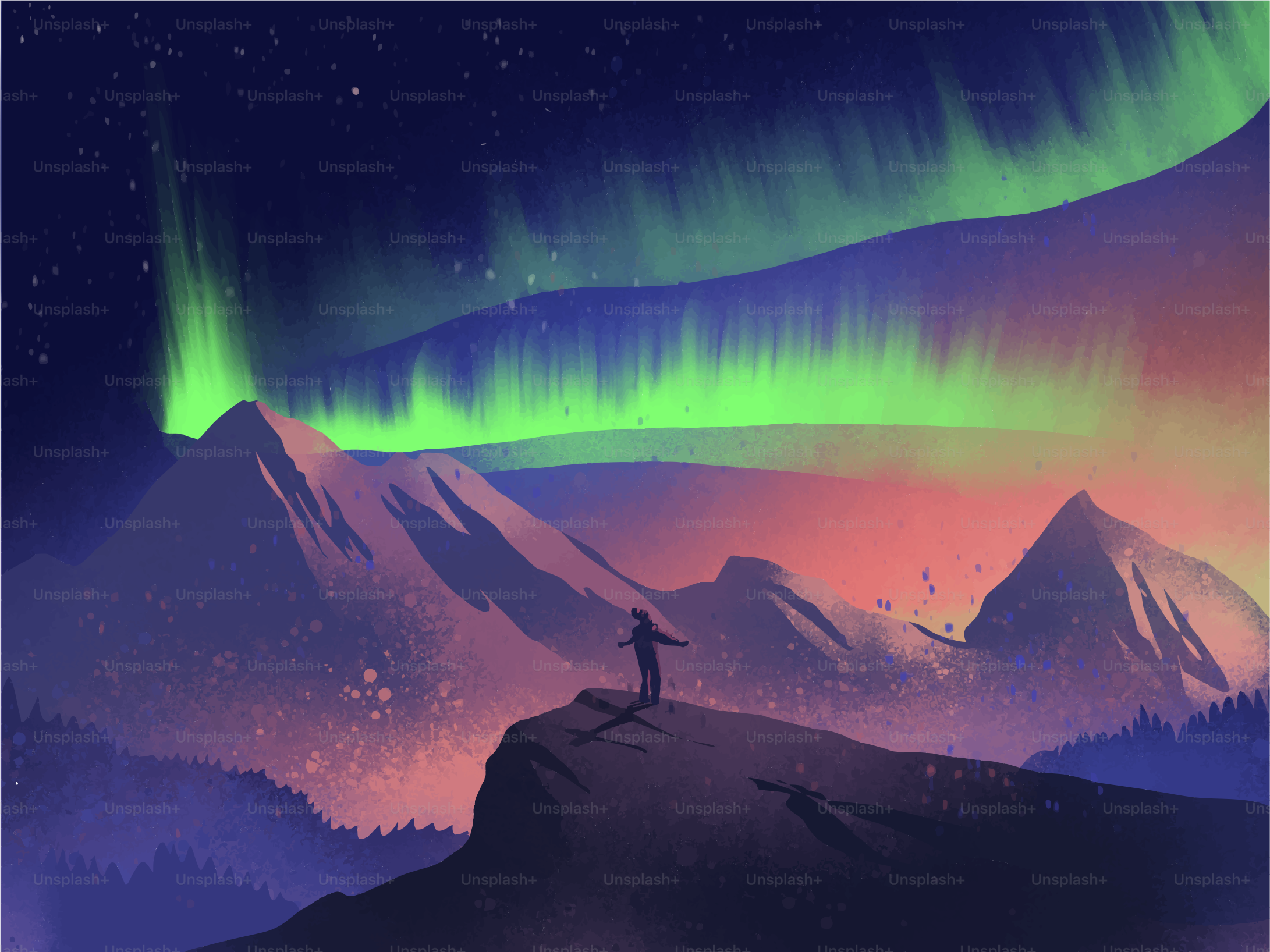 Person watches aurora borealis over mountains at night.