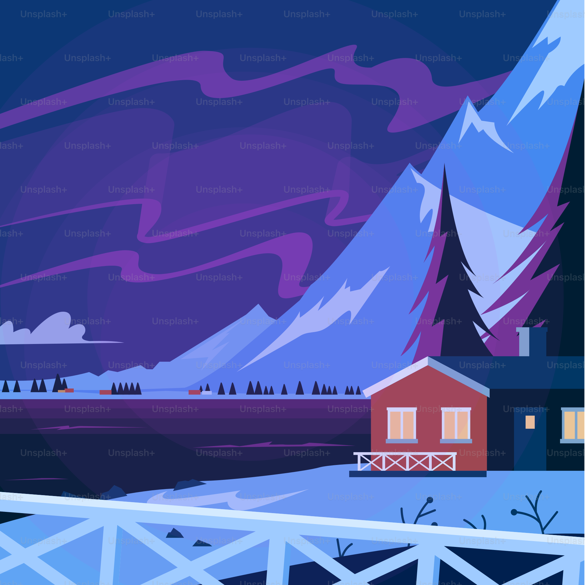 Aurora borealis über verschneiten Bergen und Hütten.