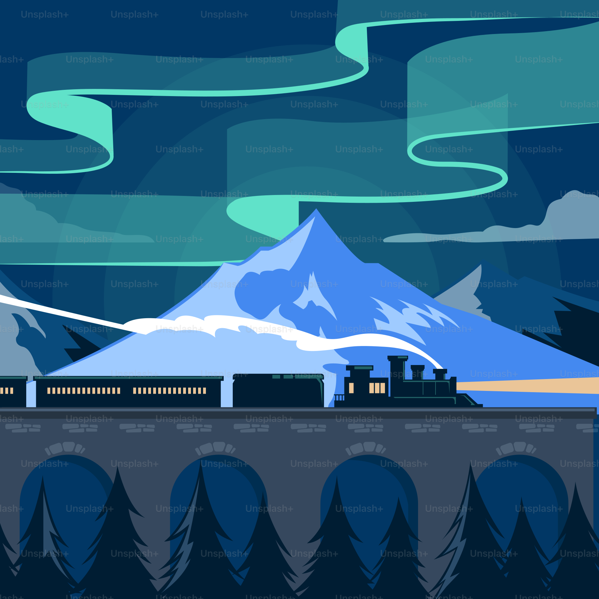 Train crossing a bridge under the aurora borealis.