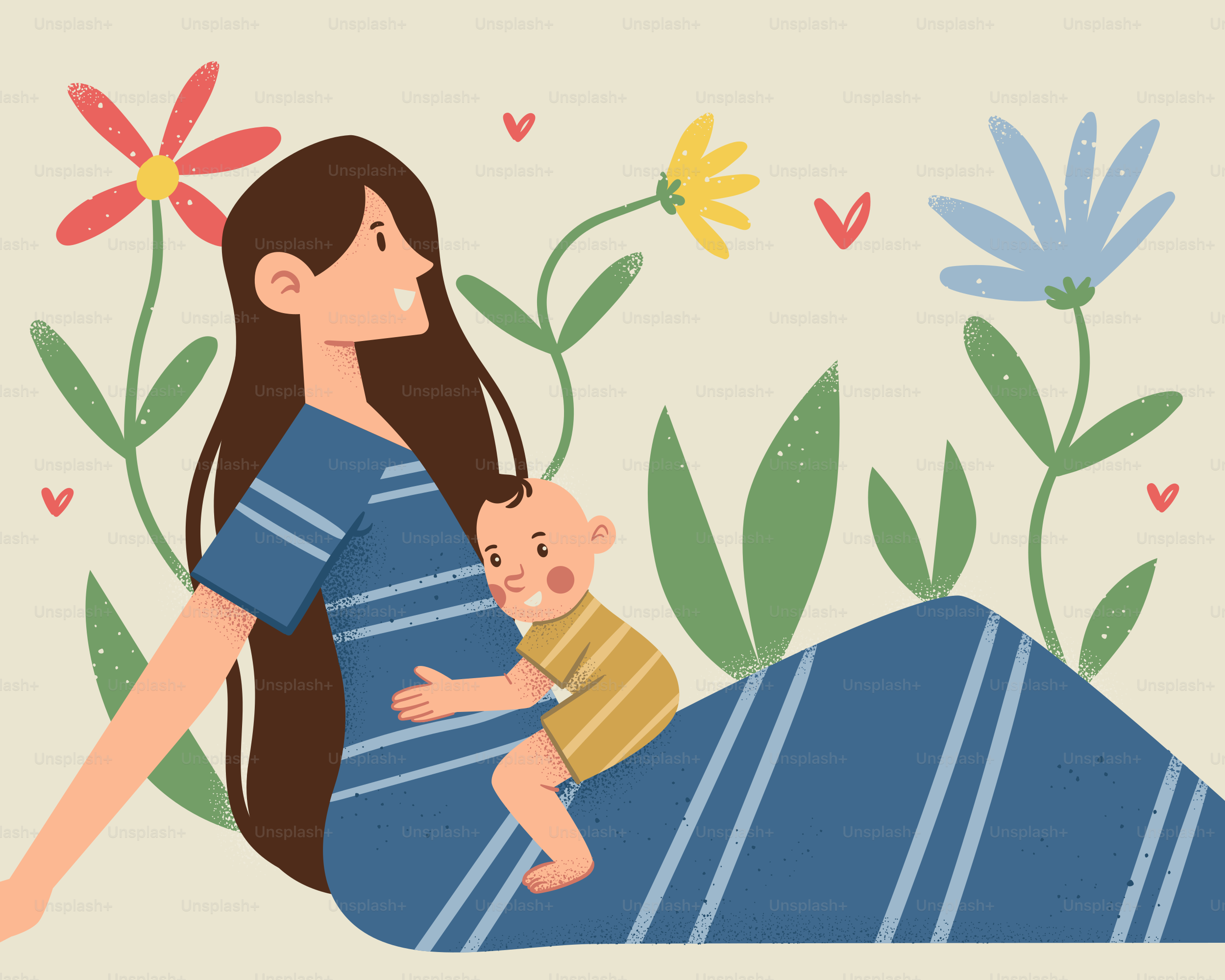 Mother holding her baby with flowers