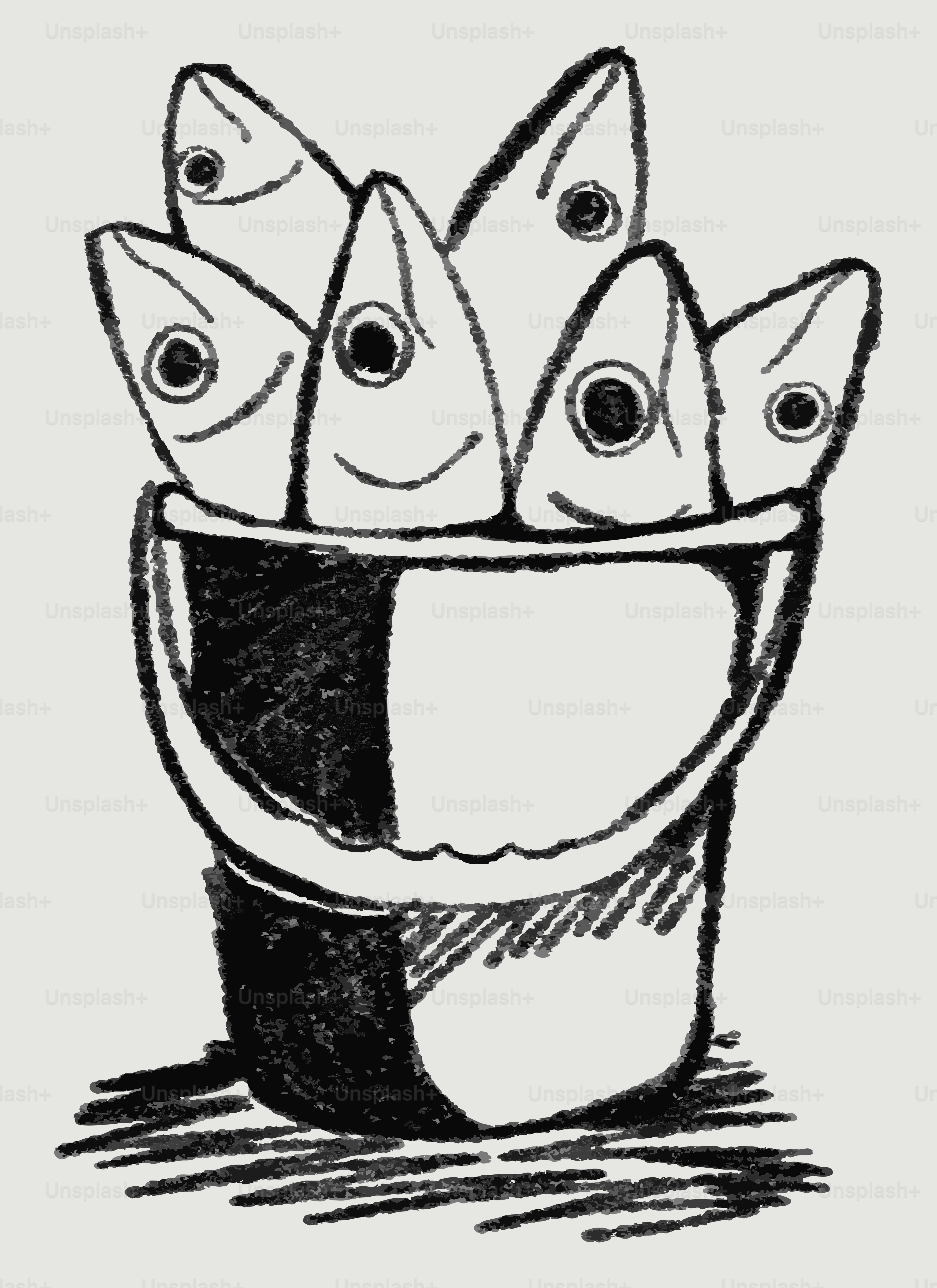 A bucket overflowing with many cartoon fish
