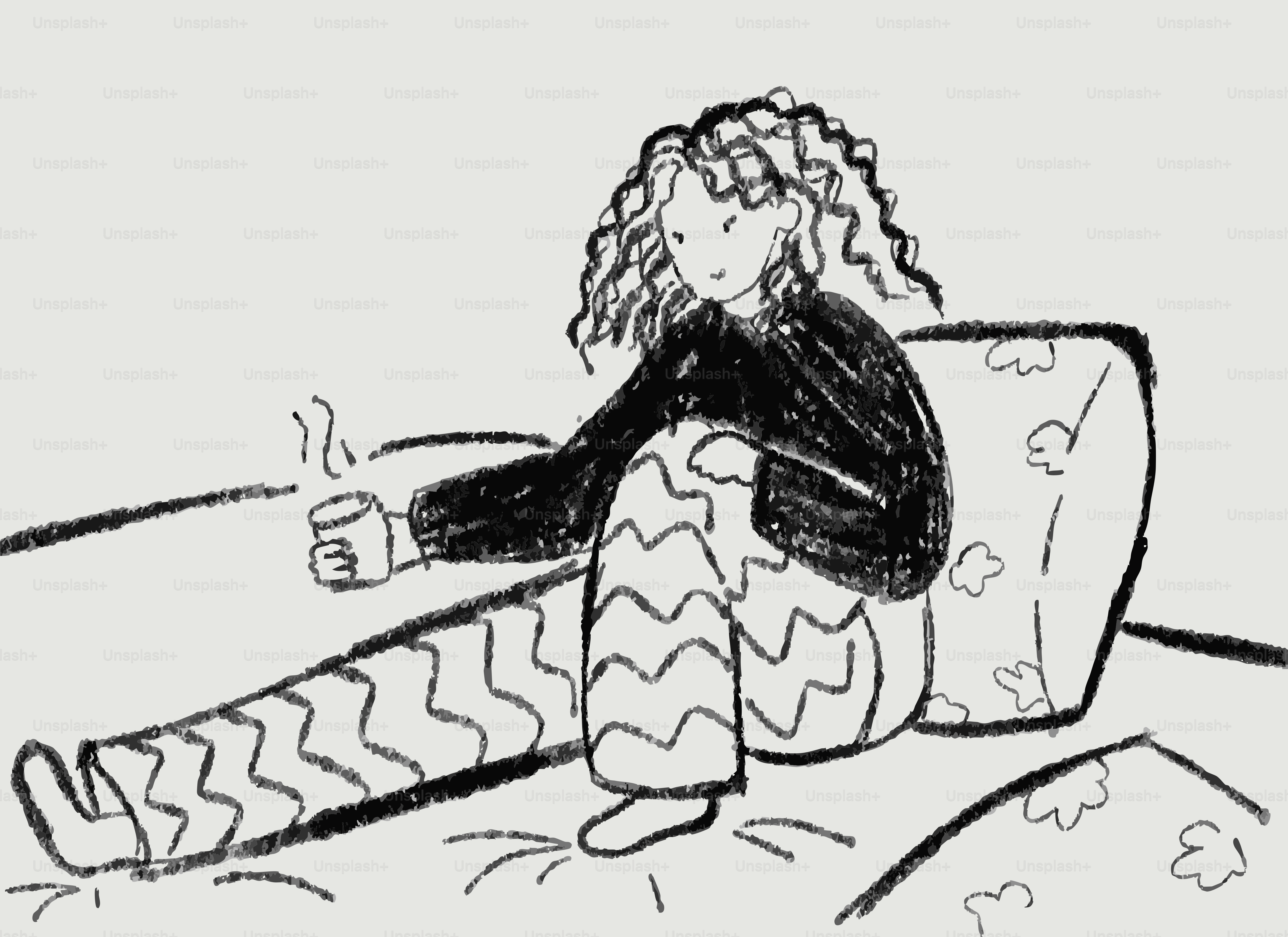 Eine Person mit lockigem Haar sitzt und hält eine Tasse.