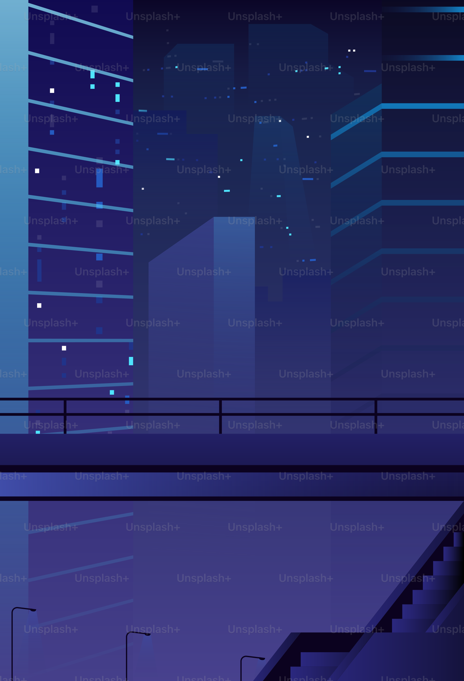 A futuristic cityscape at night with glowing windows.