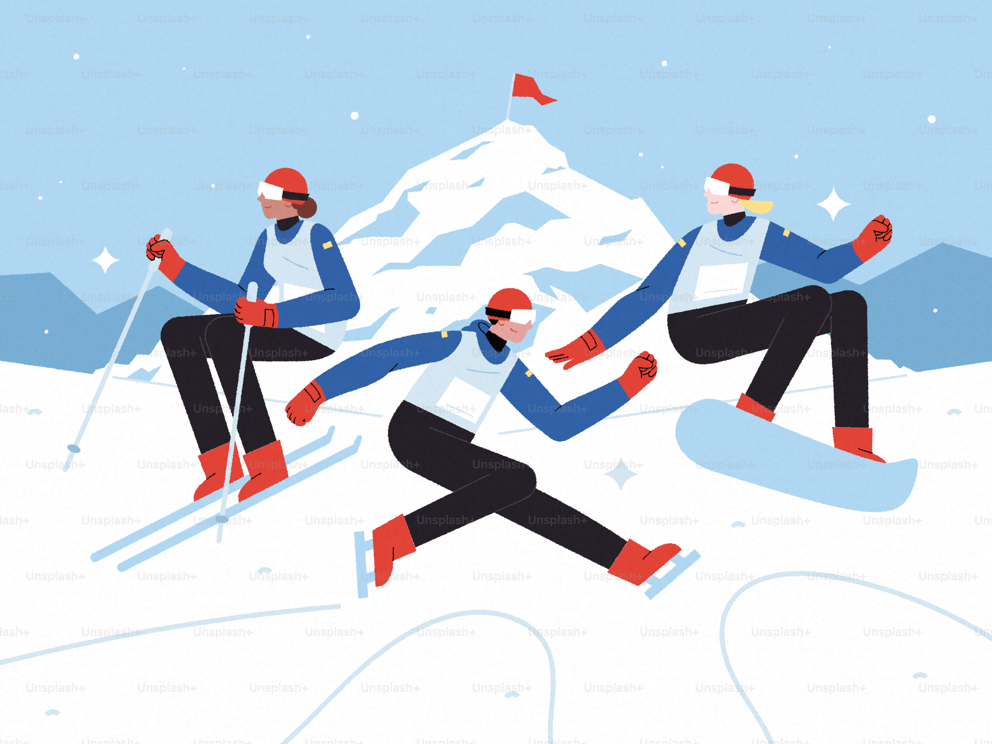 Athletes ski, snowboard, and skate on snowy mountain.