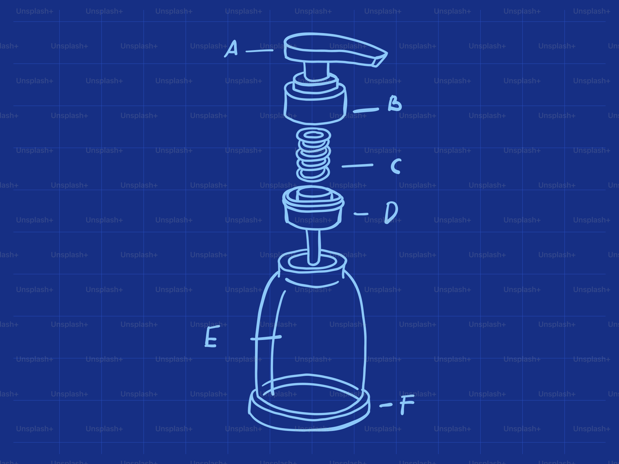 Exploded view blueprint of a pump dispenser
