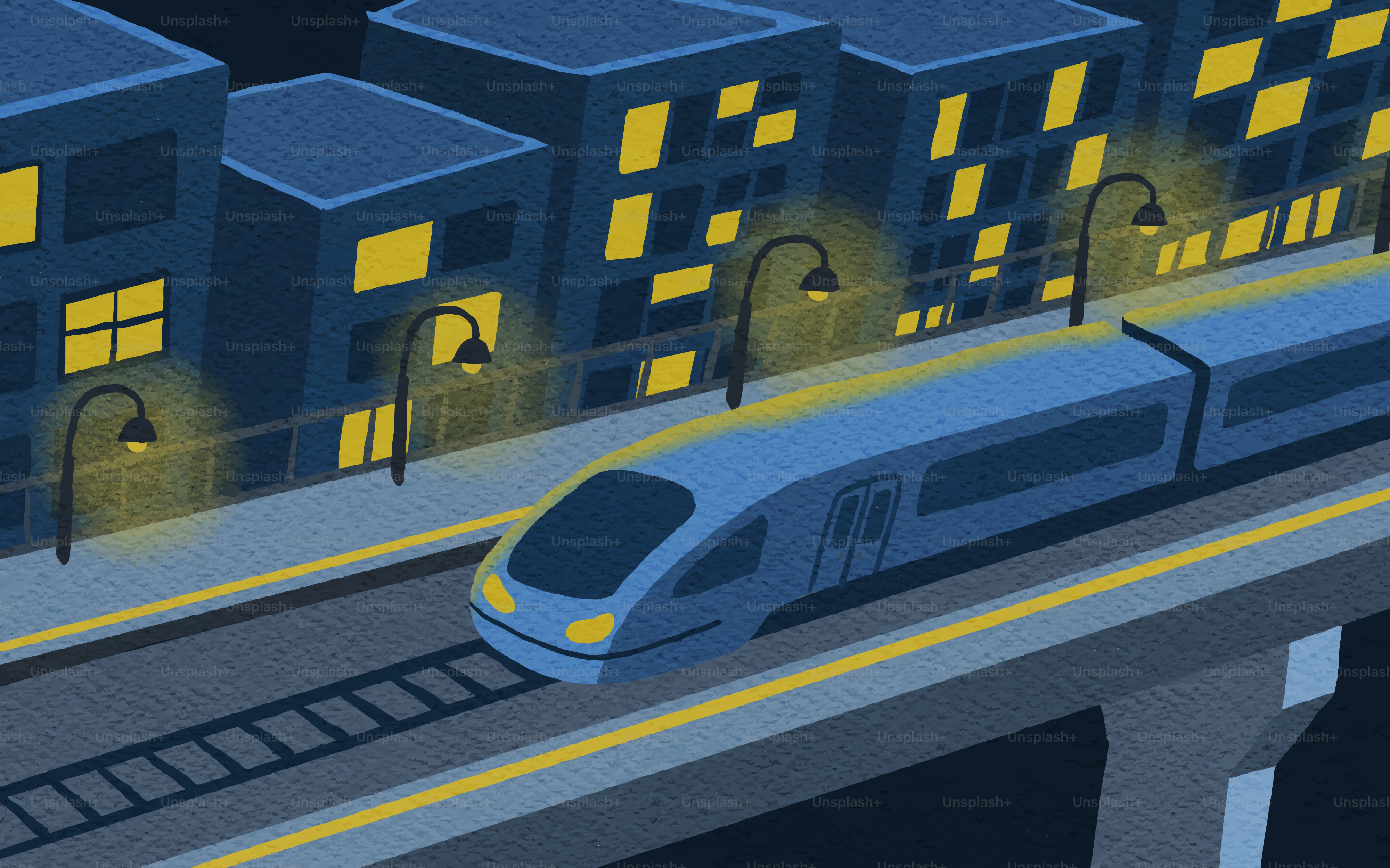 Un train moderne traverse une ville la nuit.