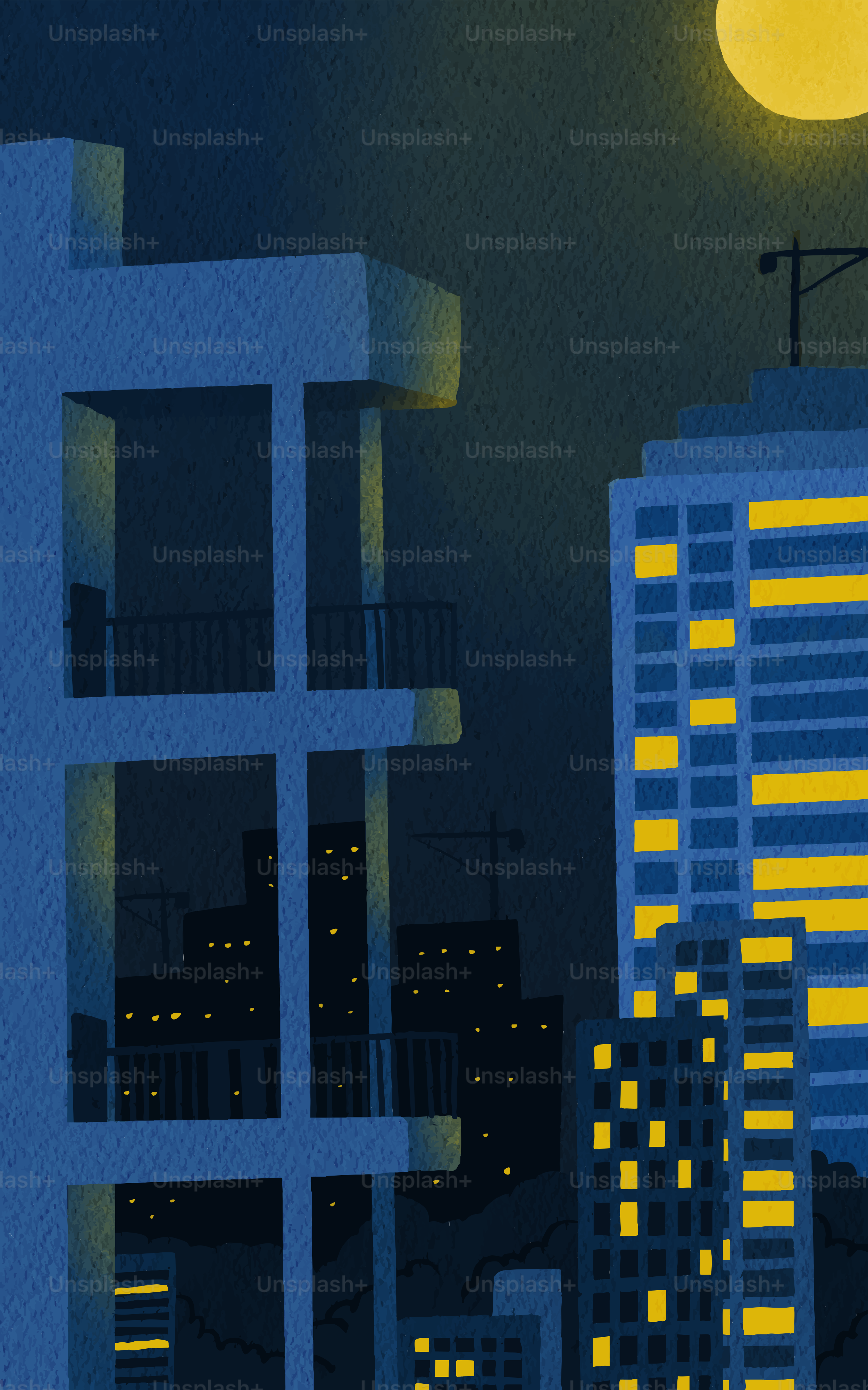 City buildings at night with a full moon.