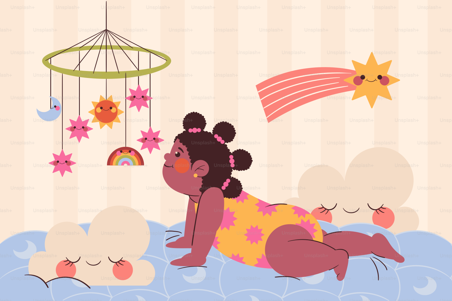 Une petite fille rampant vers un mobile avec des objets célestes.