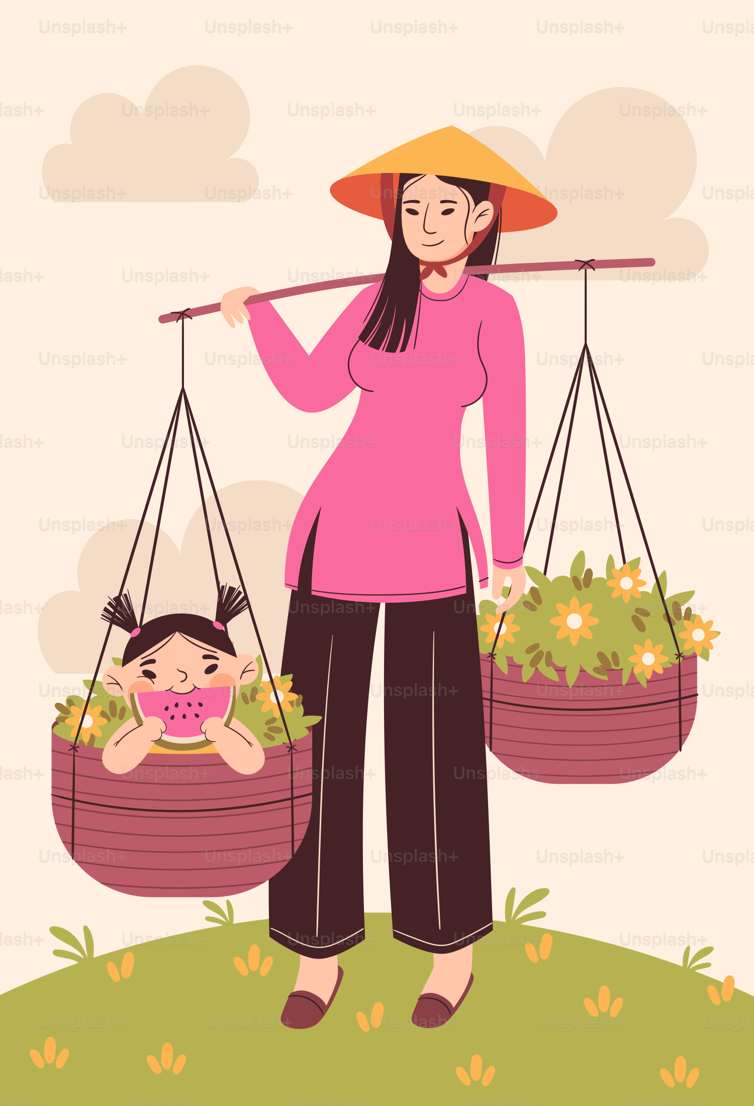 Woman in conical hat carries child and flowers