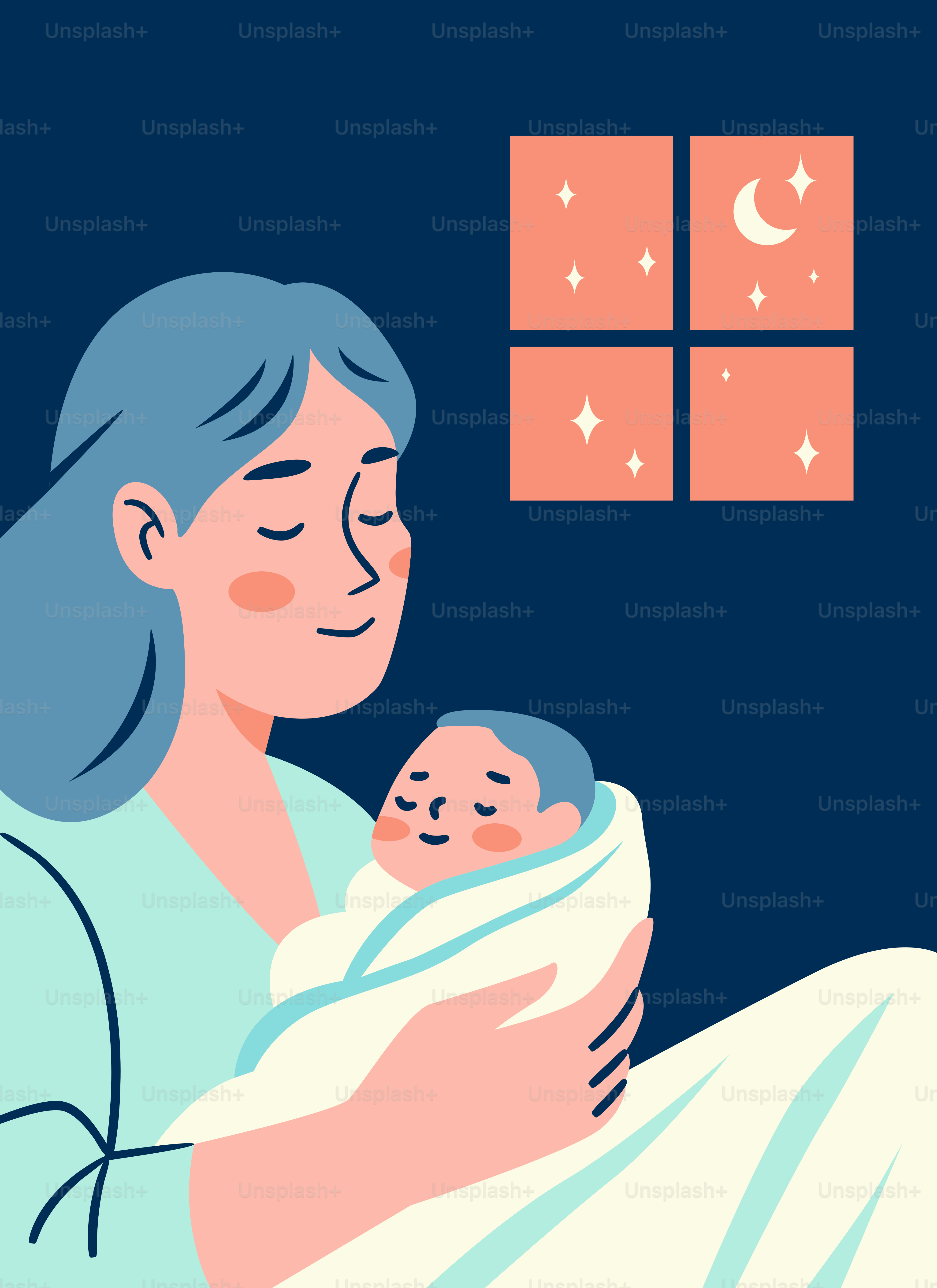 Mother holding her sleeping baby at night