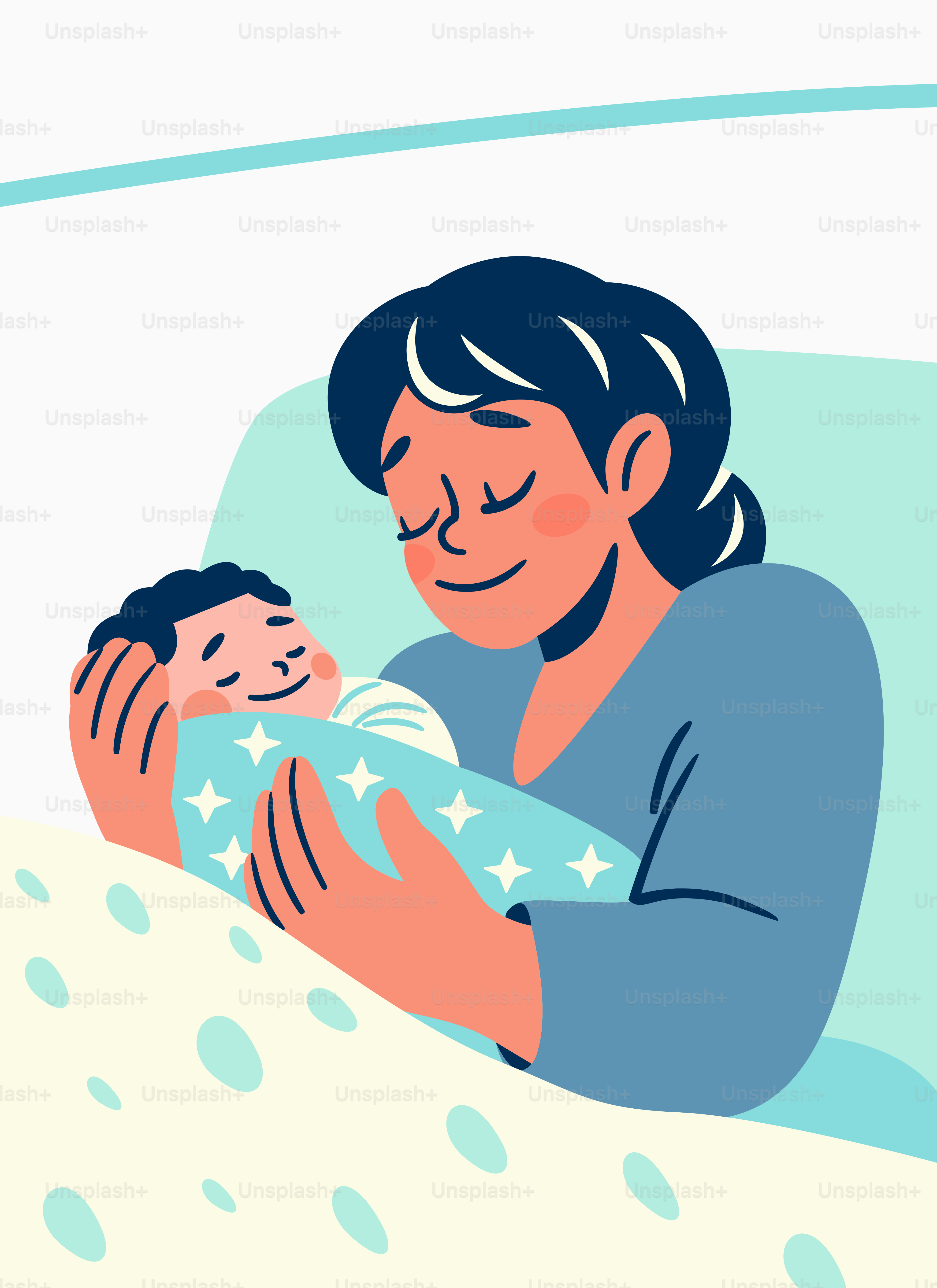 Mother holding her sleeping baby in bed