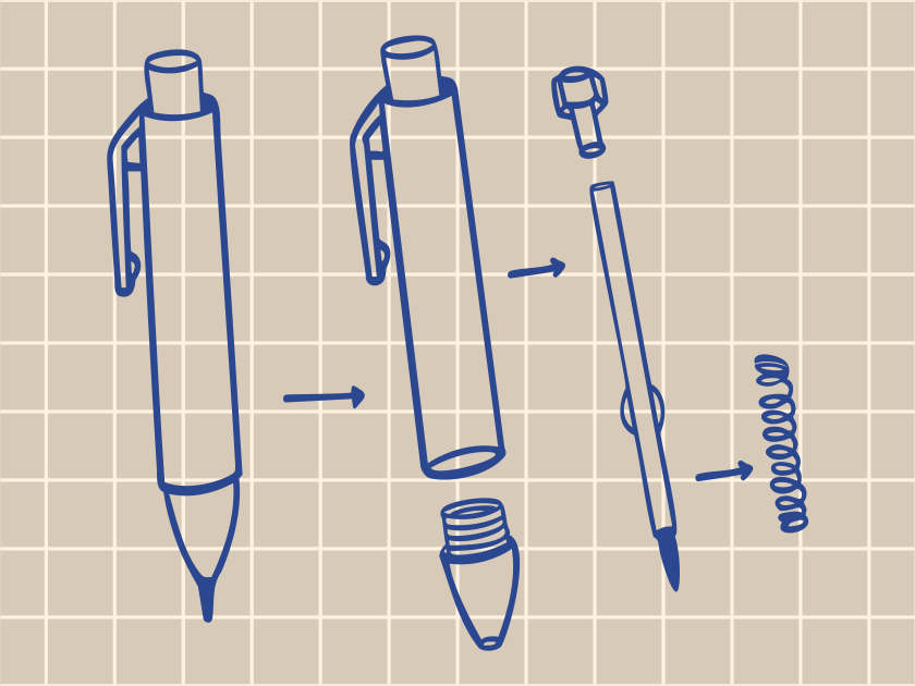 Diagram showing a pen being disassembled into parts