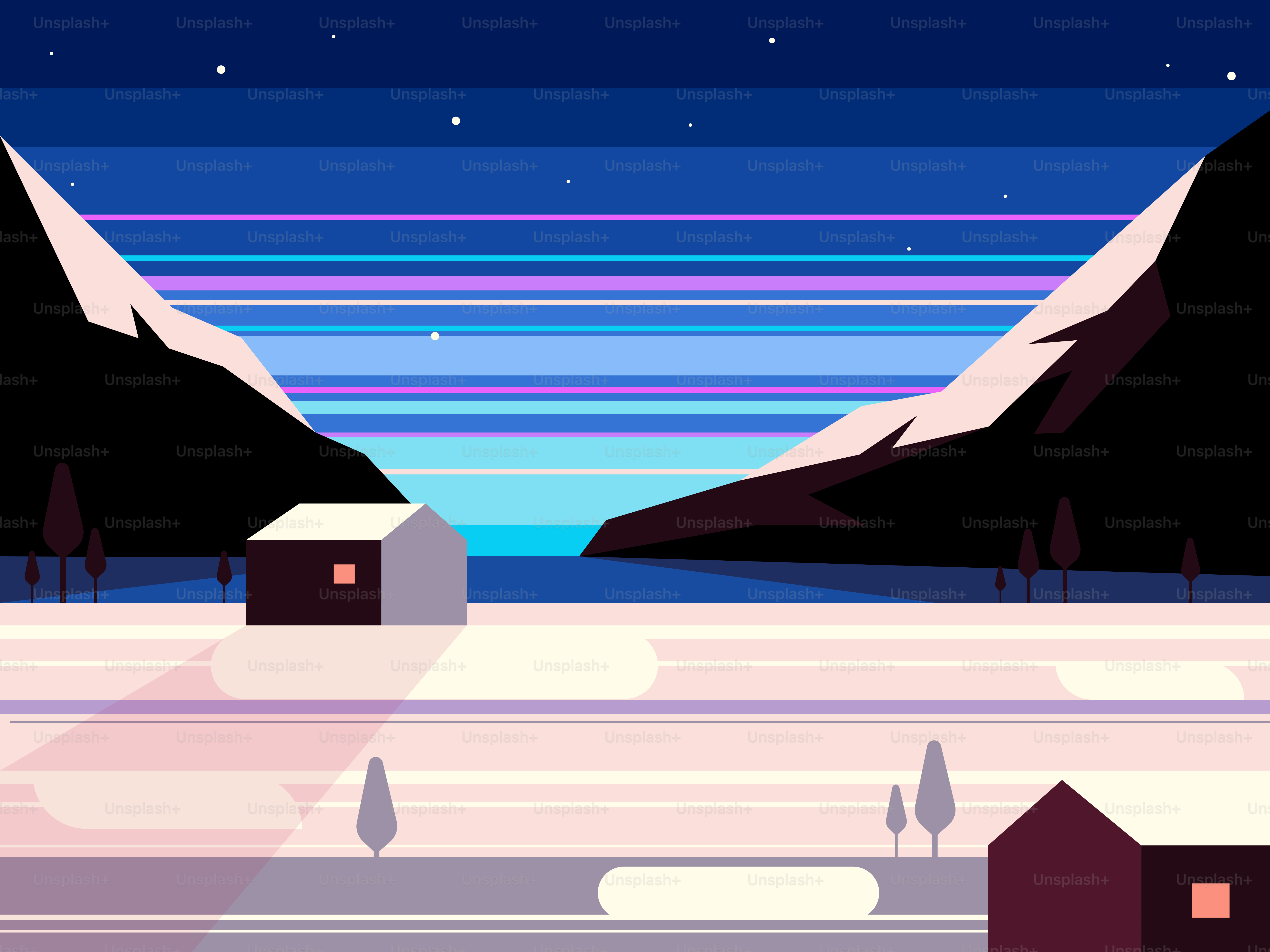 Minimalistische Winterlandschaft mit Häusern und Bergen