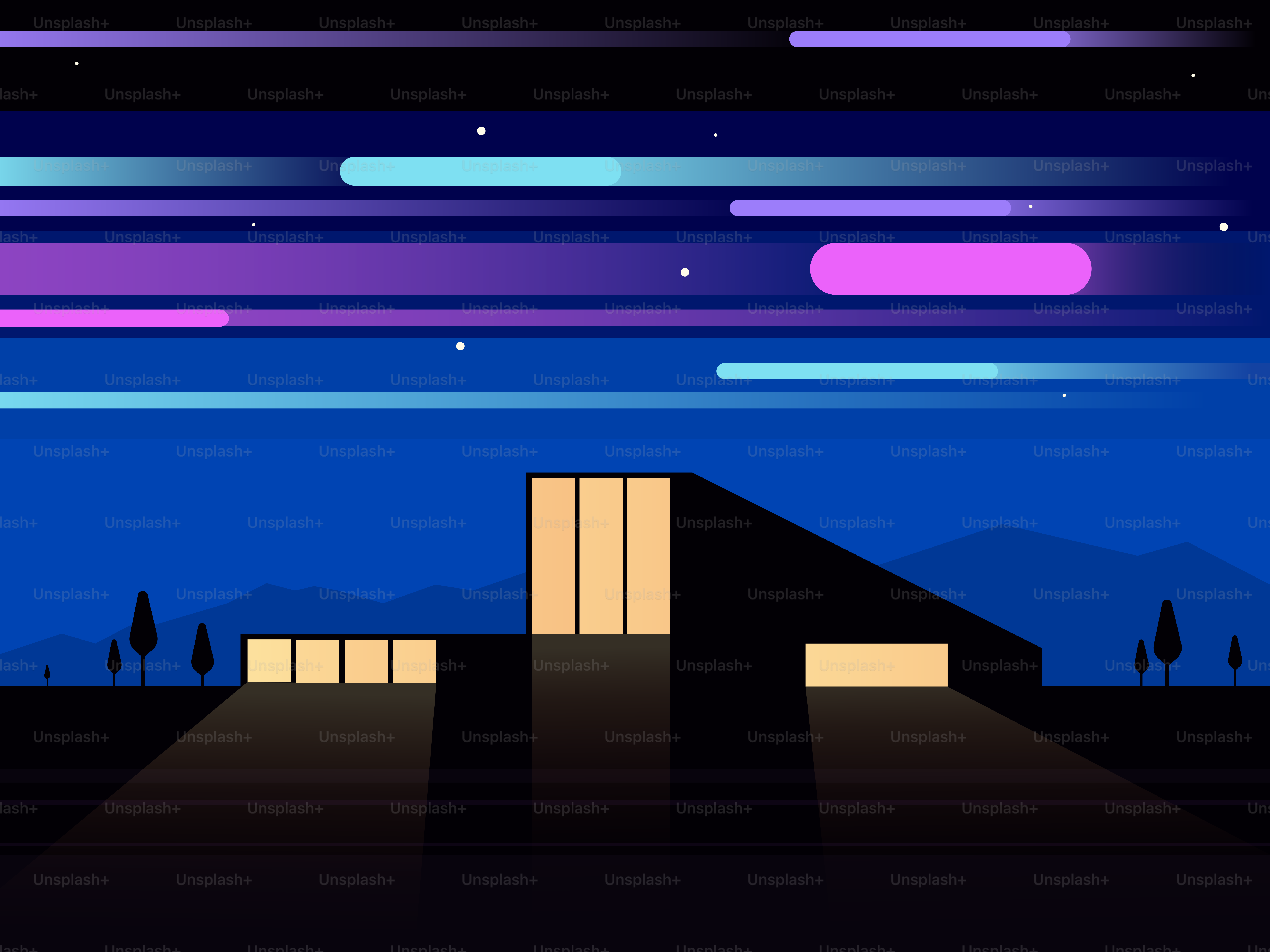 Modernes Gebäude mit nachts leuchtenden Fenstern