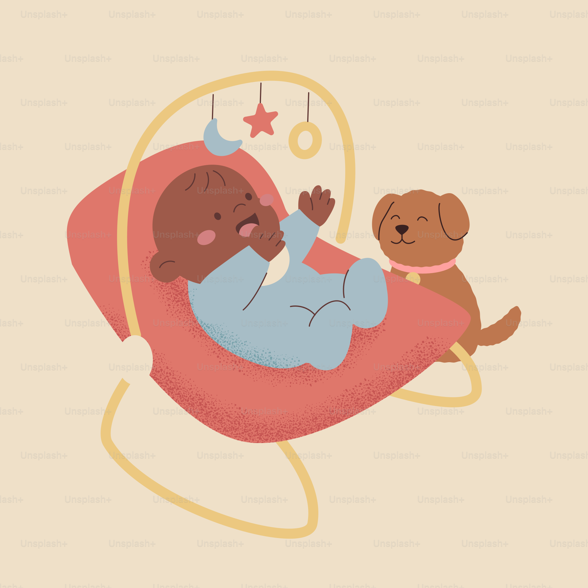Baby in a bouncer with a dog nearby
