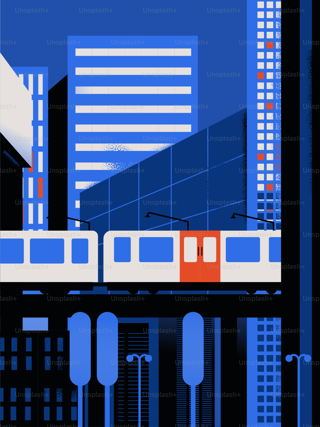 Un tren moderno viaja por un paisaje urbano azul estilizado.