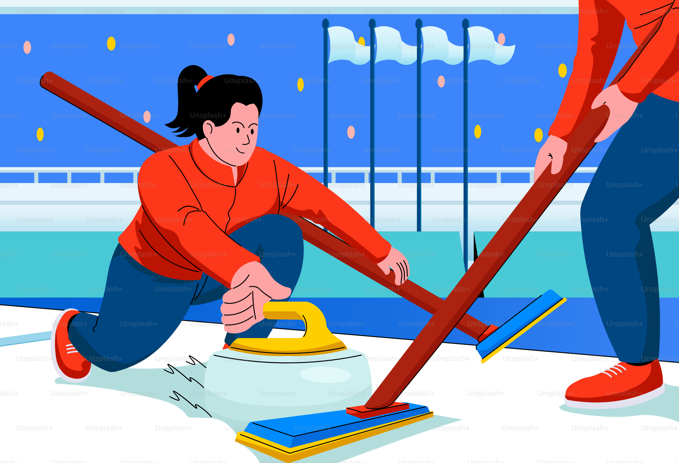 Deux personnes jouant au curling sur la glace