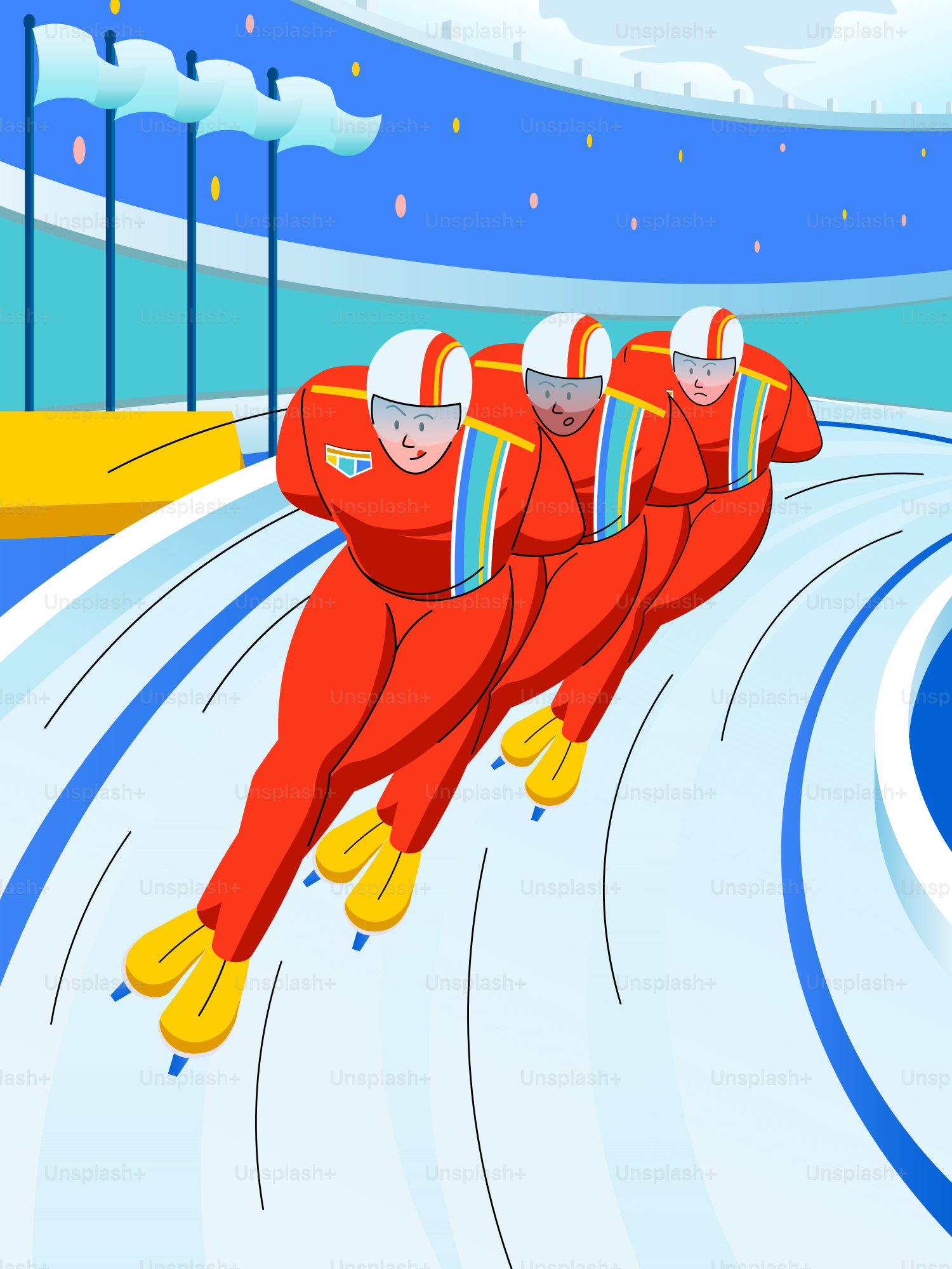 Trois patineurs de vitesse en rouge courant sur une piste