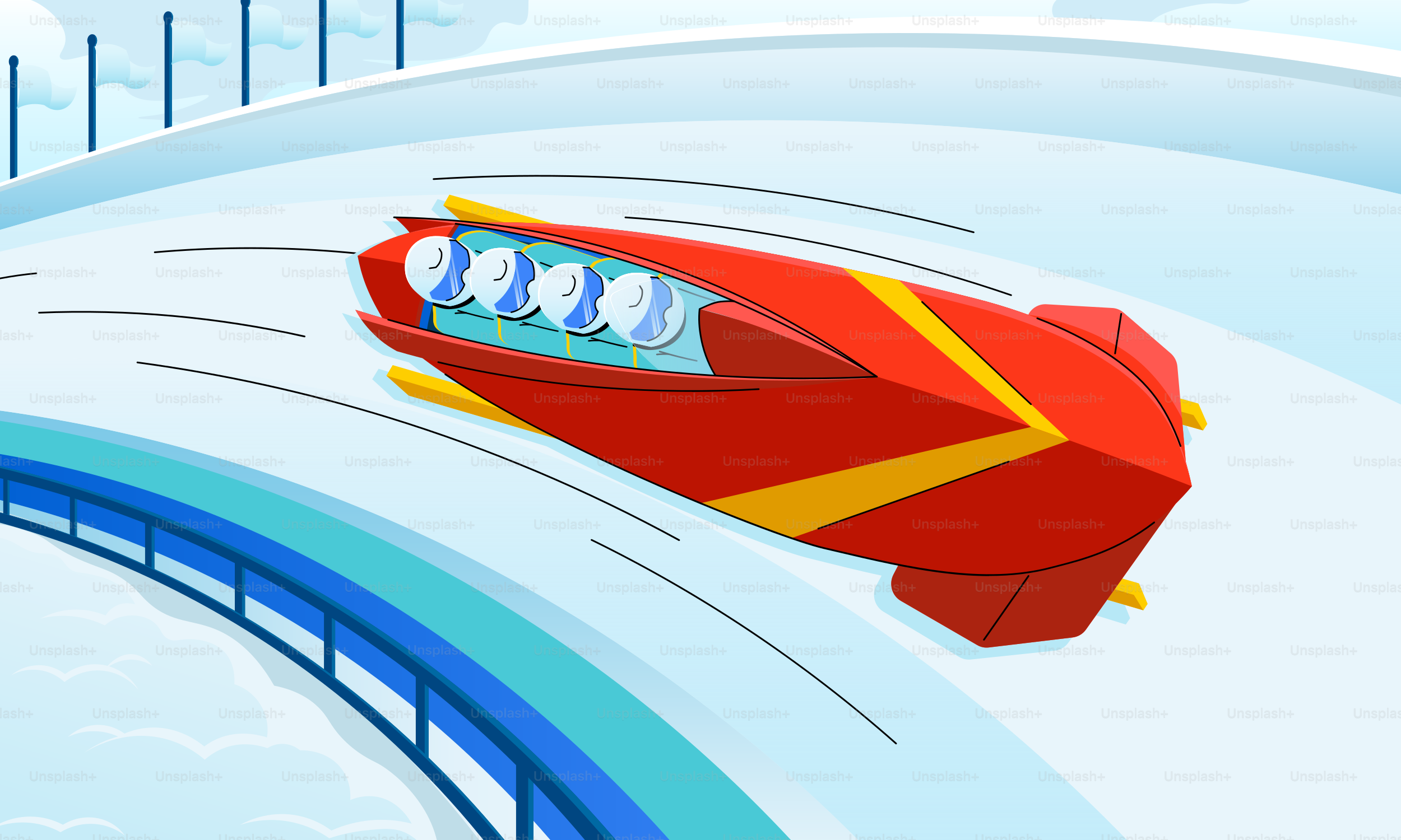 Un bobsleih rouge avec quatre athlètes fonçant sur une piste.