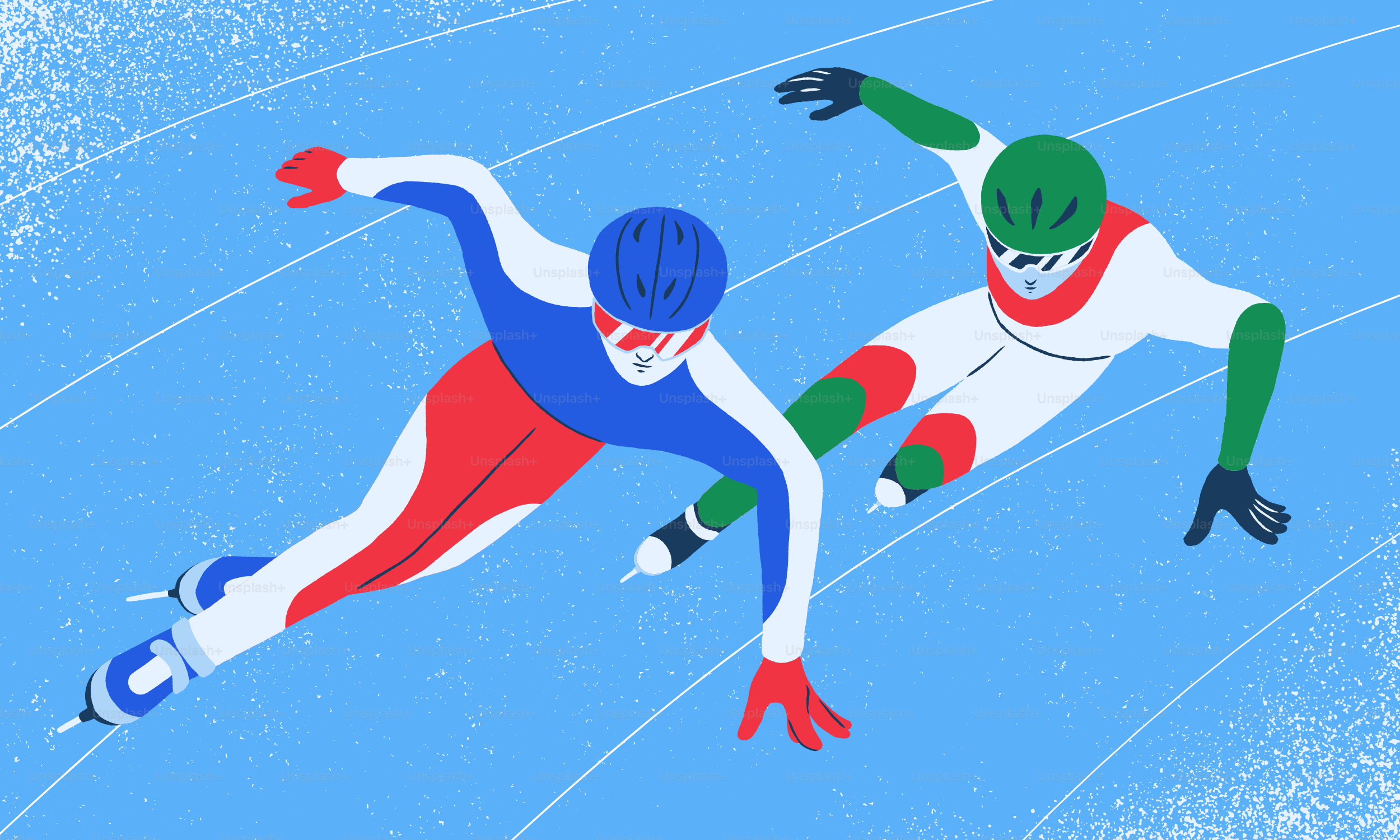 Two speed skaters racing on a blue track