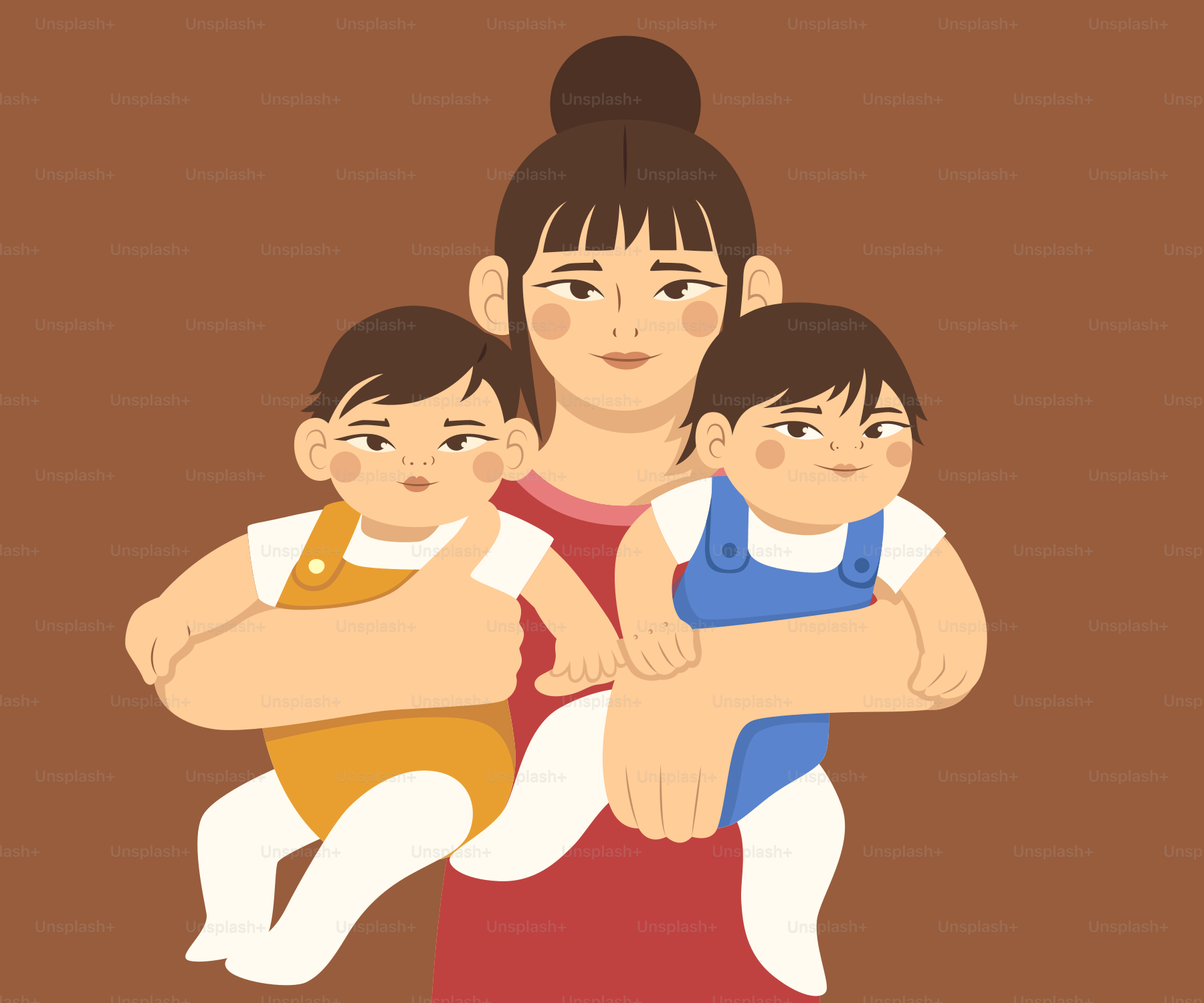 Die Mutter hält zwei Babys, eines in Gelb, eines in Blau.