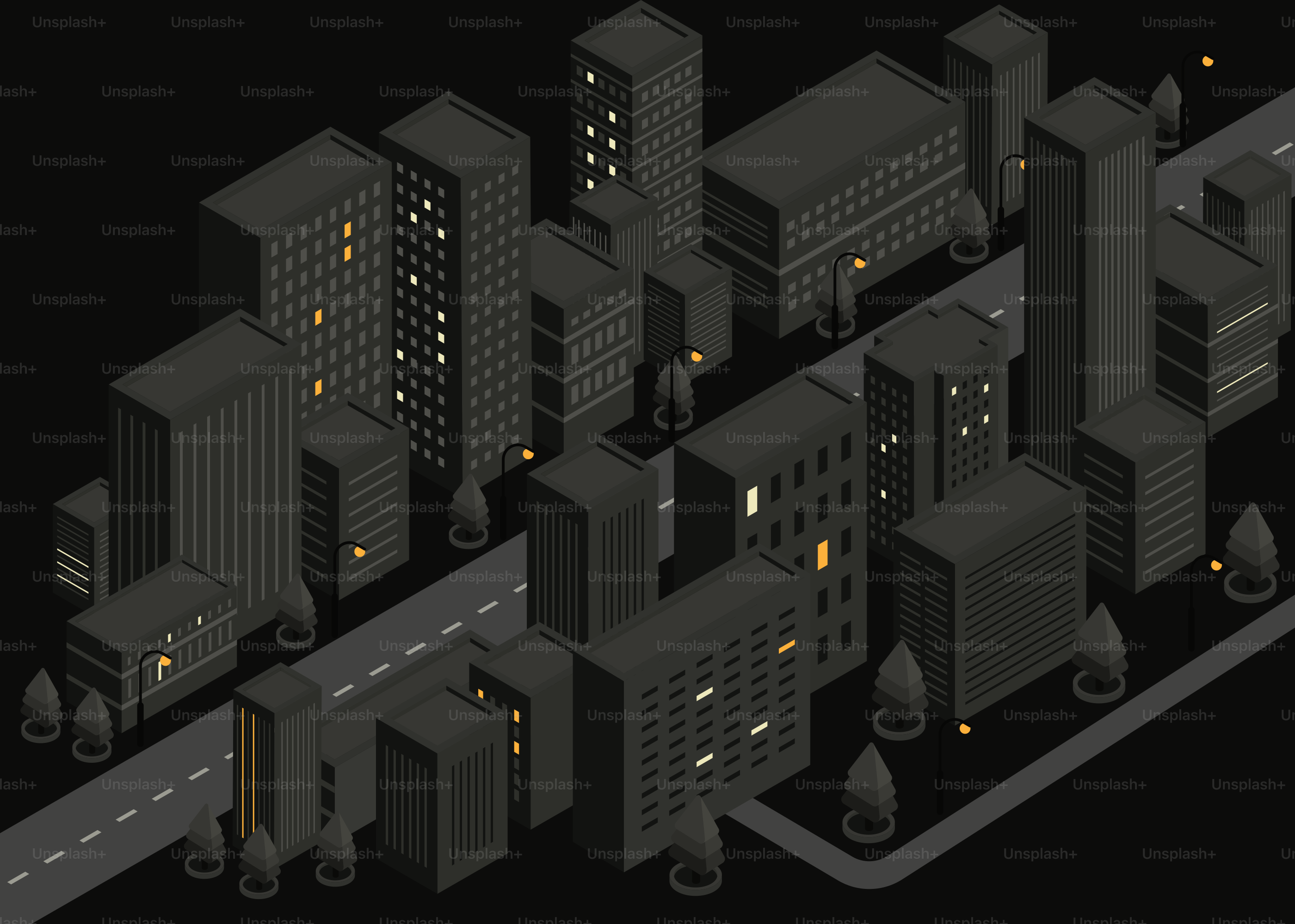 Dark cityscape with illuminated windows at night