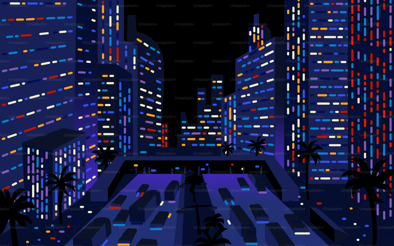 Vibrant cityscape with illuminated buildings at night