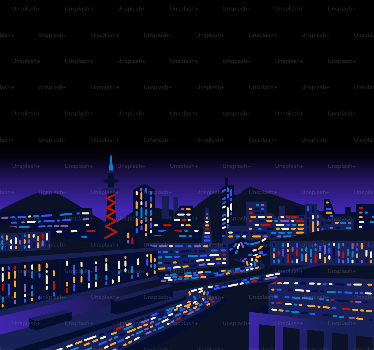 Vibrant cityscape with illuminated buildings at night