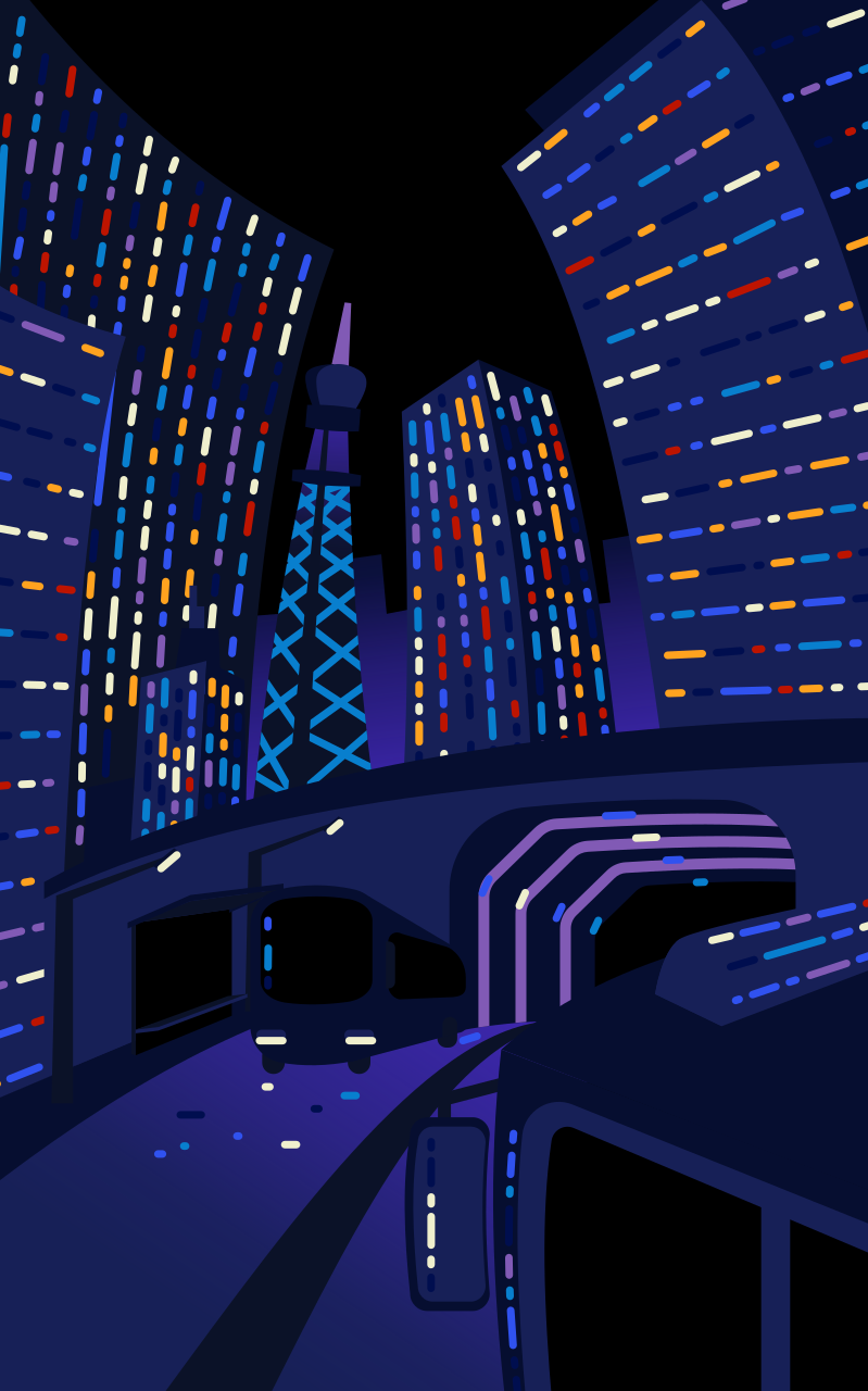 Cityscape at night with illuminated buildings and a bridge.