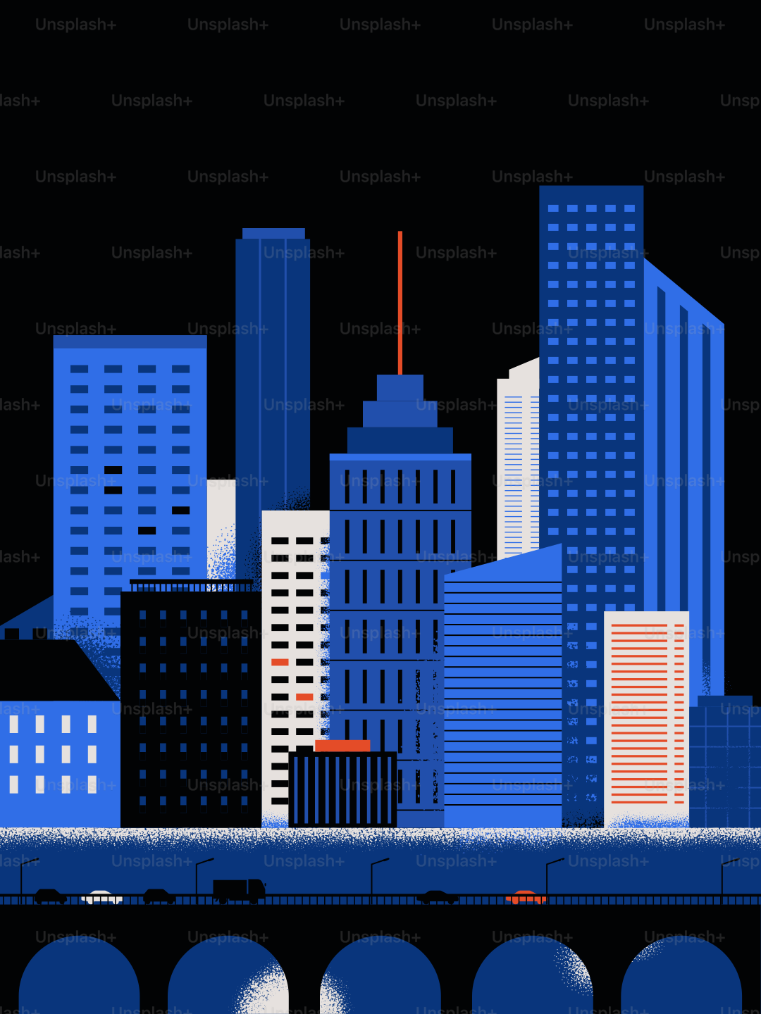 Modern city skyline with blue buildings at night