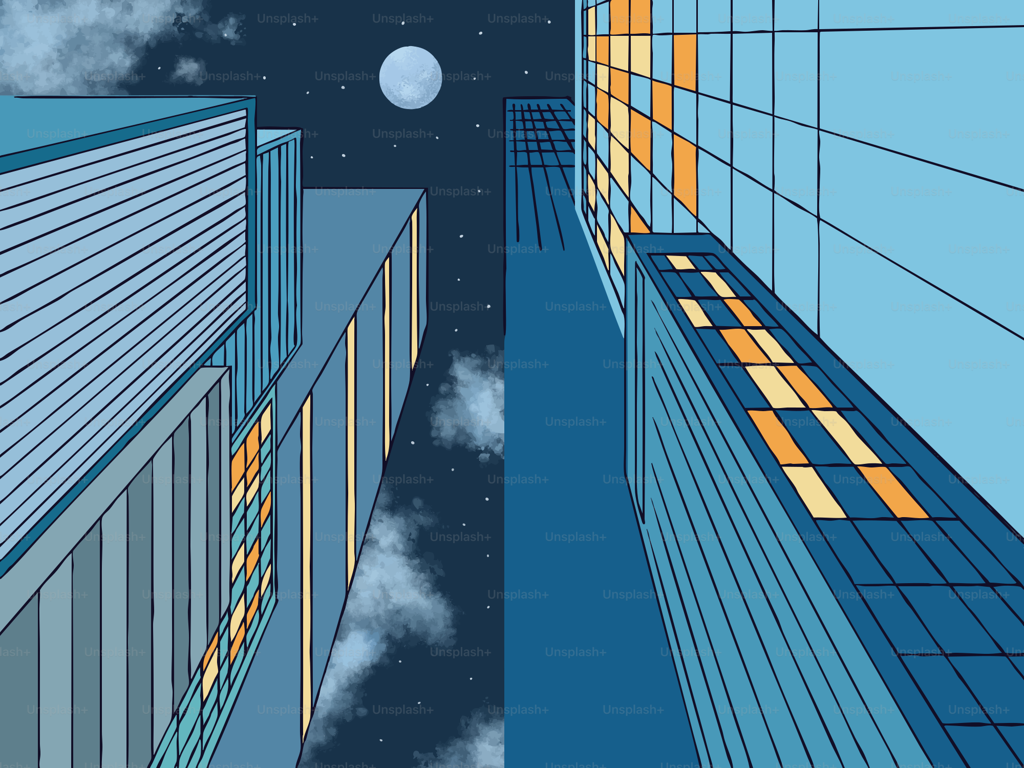 Tall buildings at night with a full moon