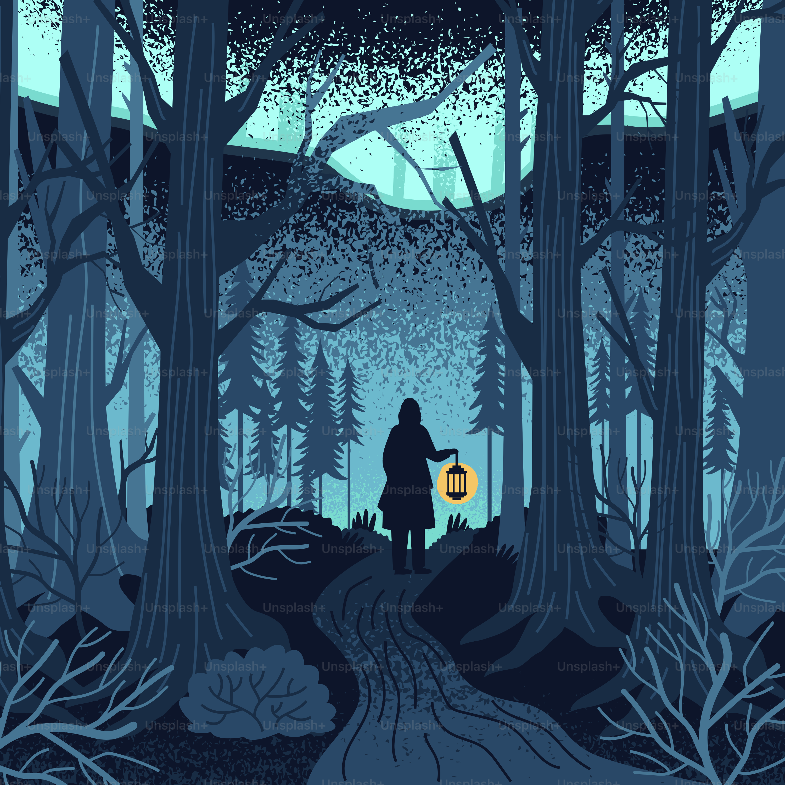 Una persona con linterna camina por un bosque oscuro y brumoso.