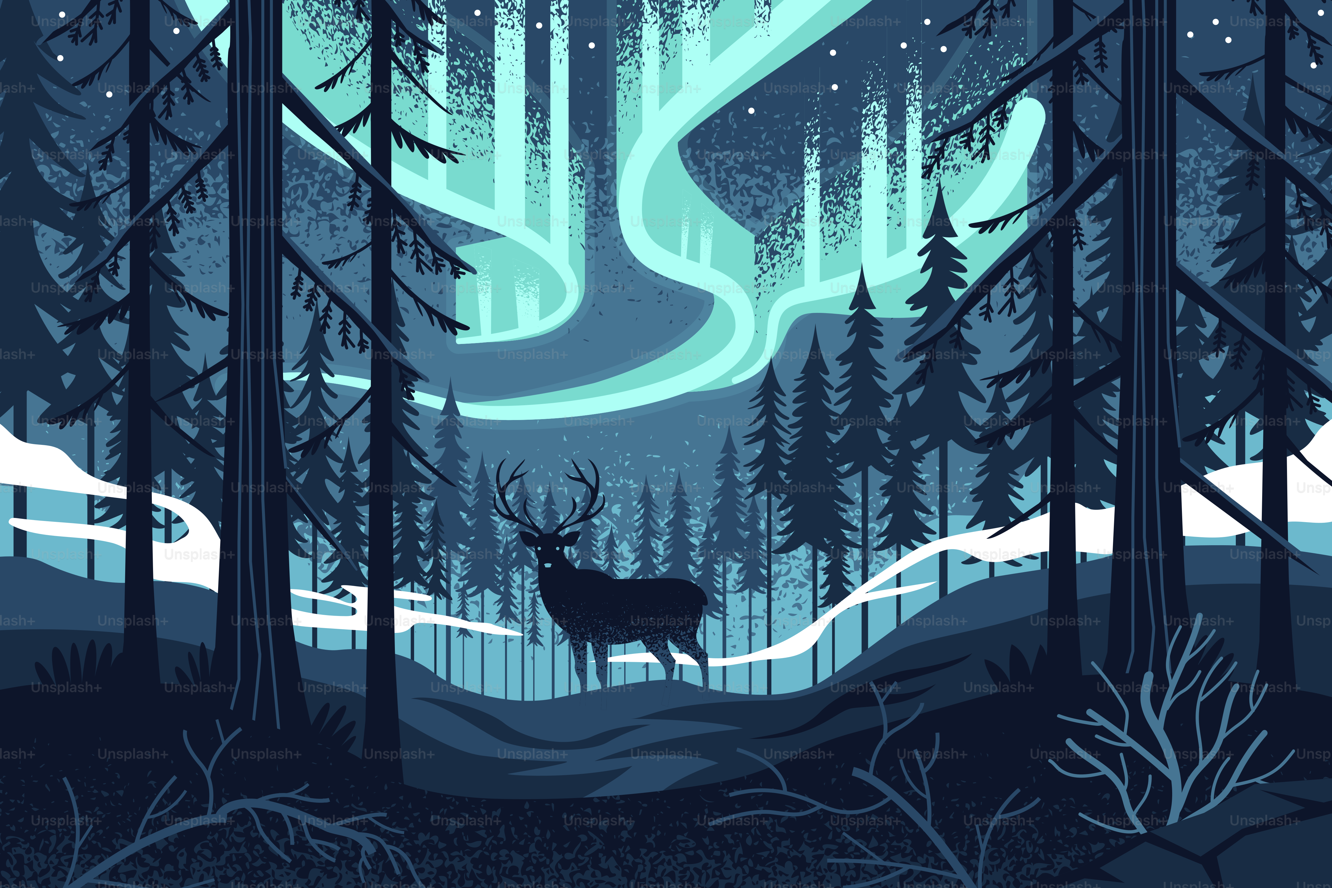 Deer stands in a forest under the aurora borealis.