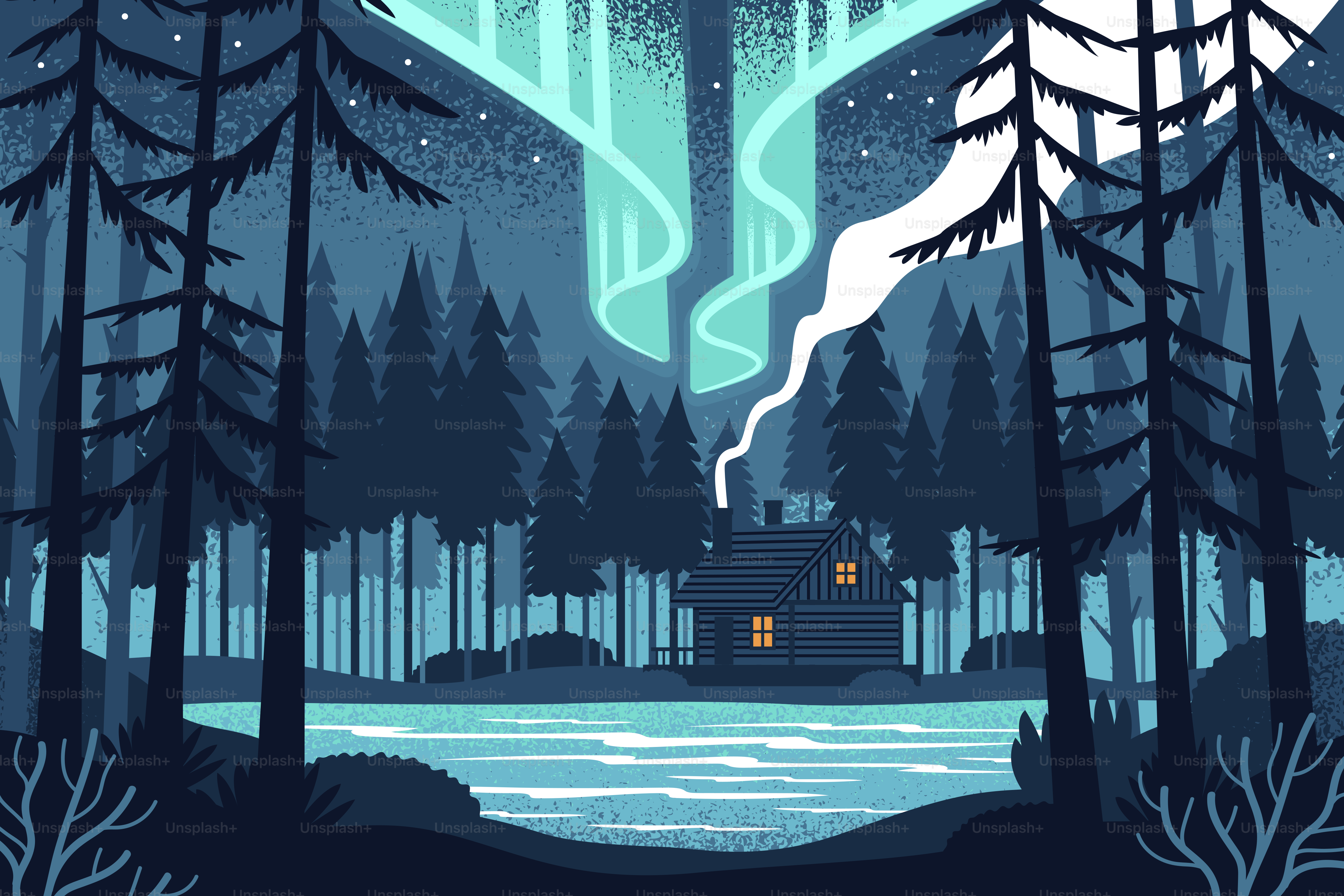 Cabaña en el bosque con aurora boreal sobre el lago