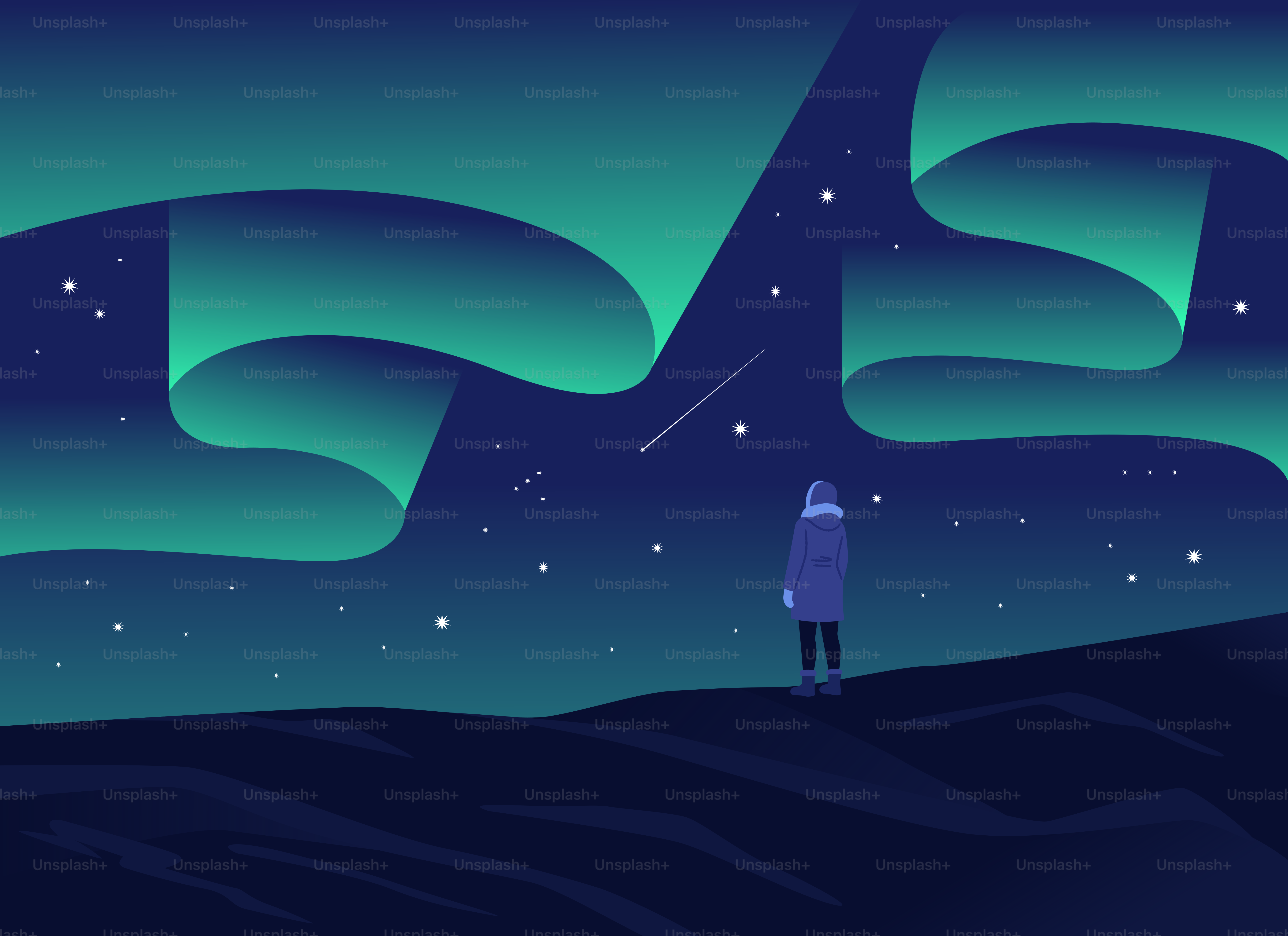 星空の上でオーロラを見ている人がいる。