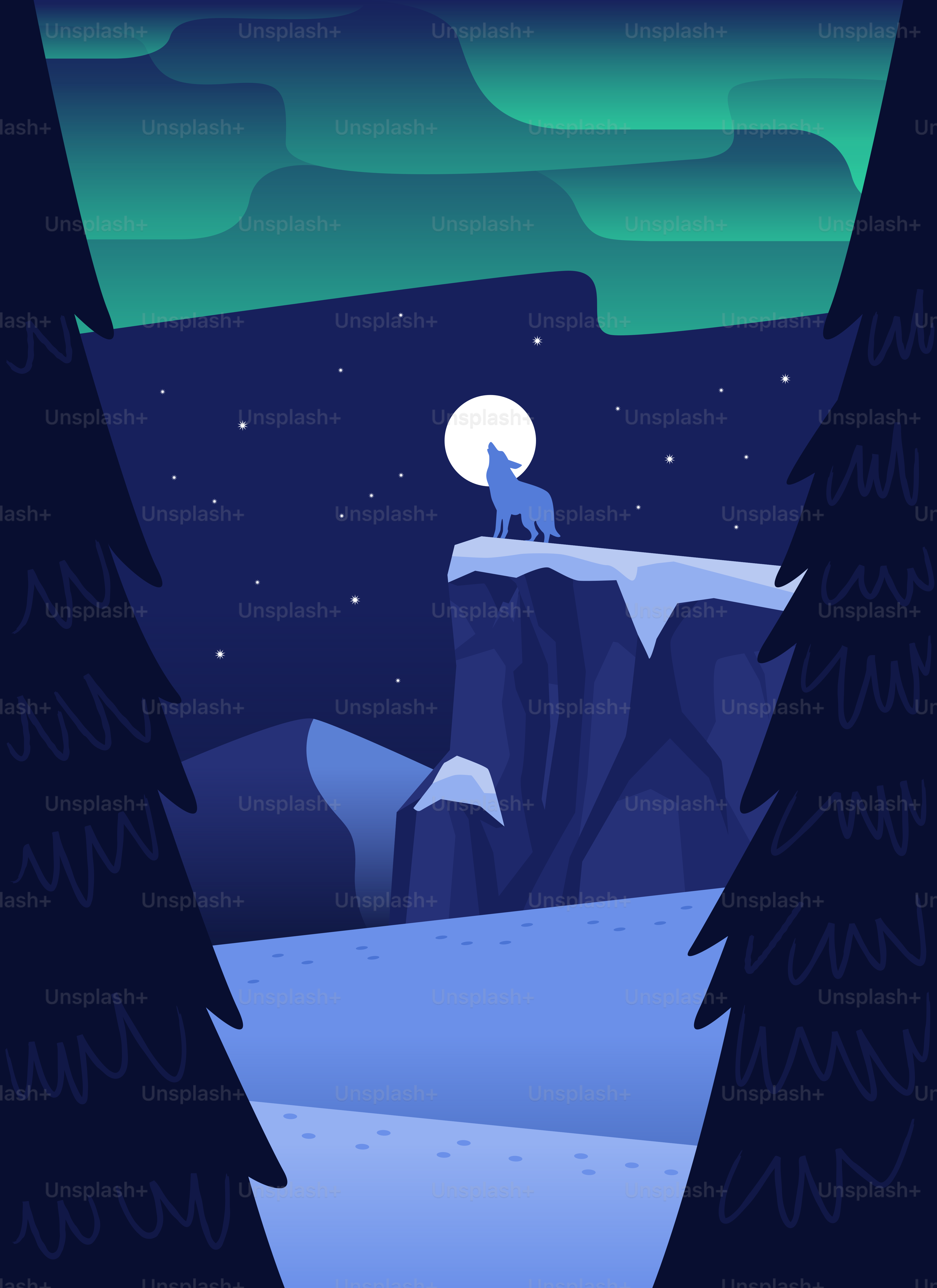 Wolf howling at the moon under aurora borealis.