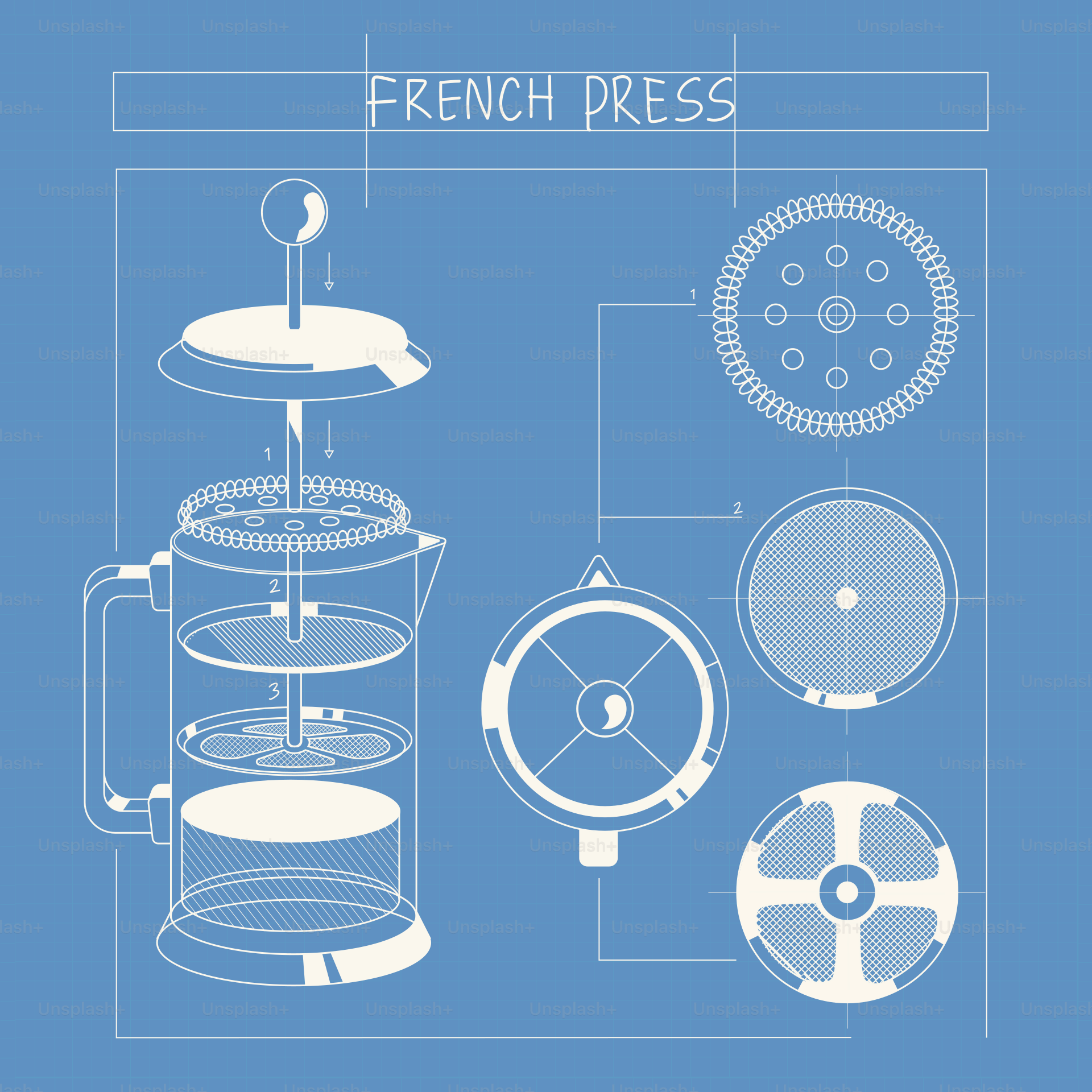 Exploded view blueprint of a french press coffee maker