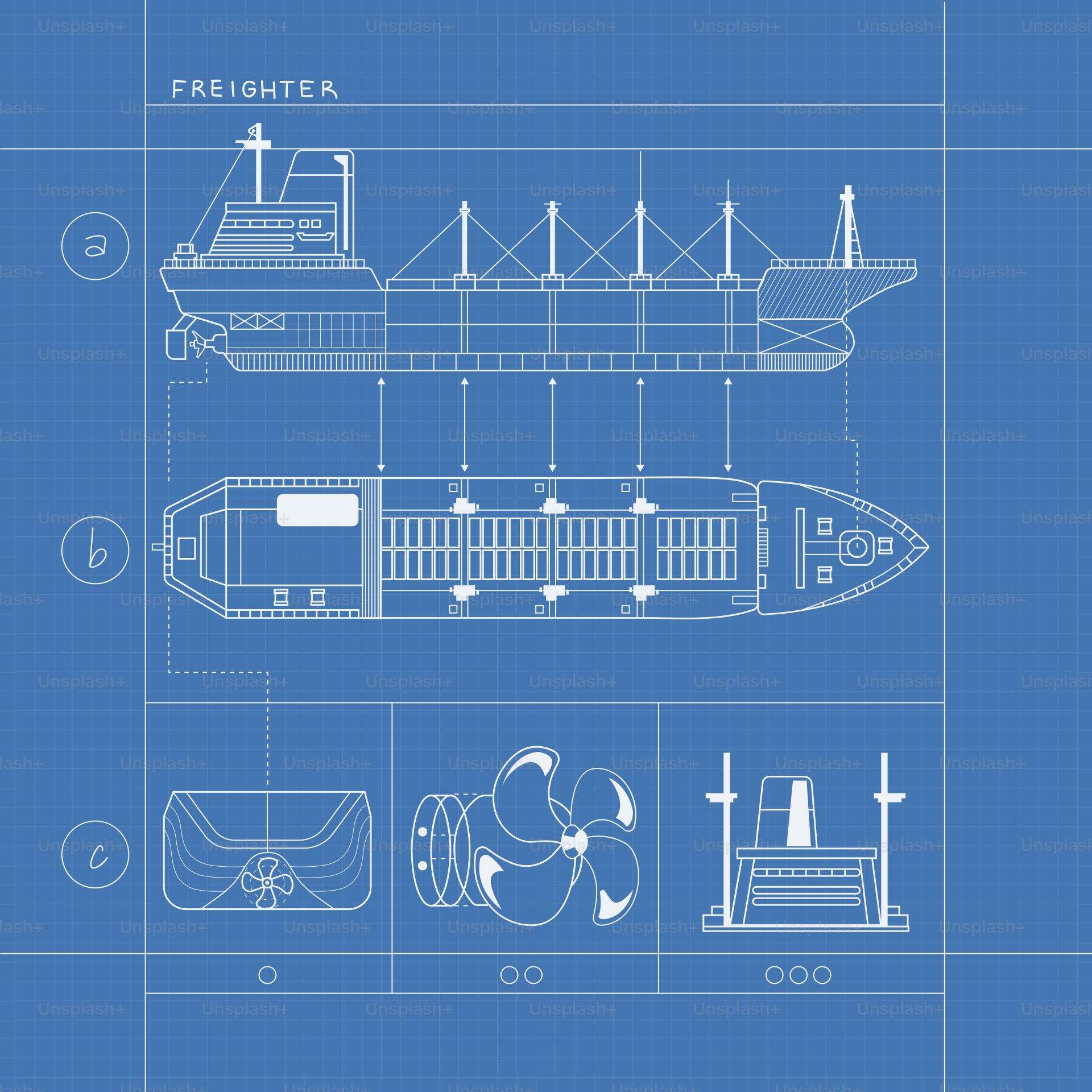 Blueprint of a freighter ship with details