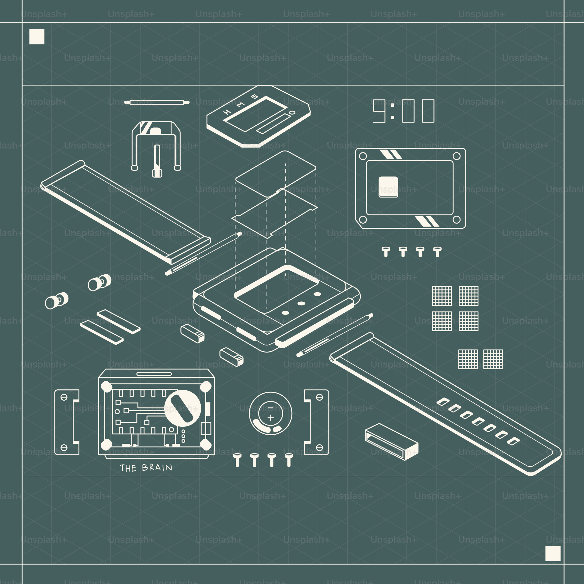 Explodierte Ansicht einer digitalen Uhr mit ausgebreiteten Komponenten.