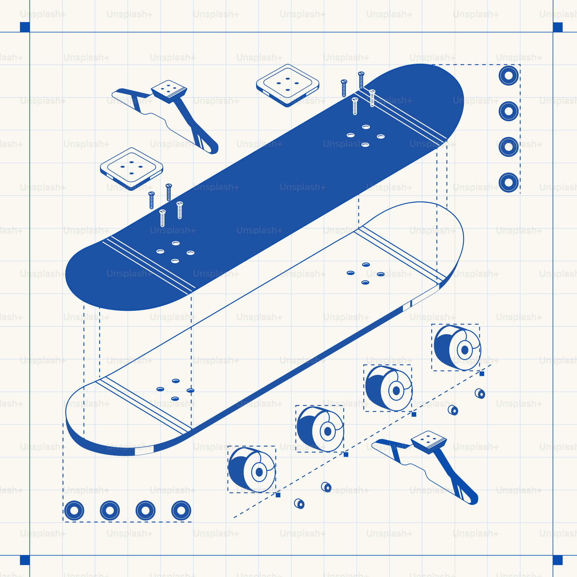 Exploded view of a blue skateboard on grid paper
