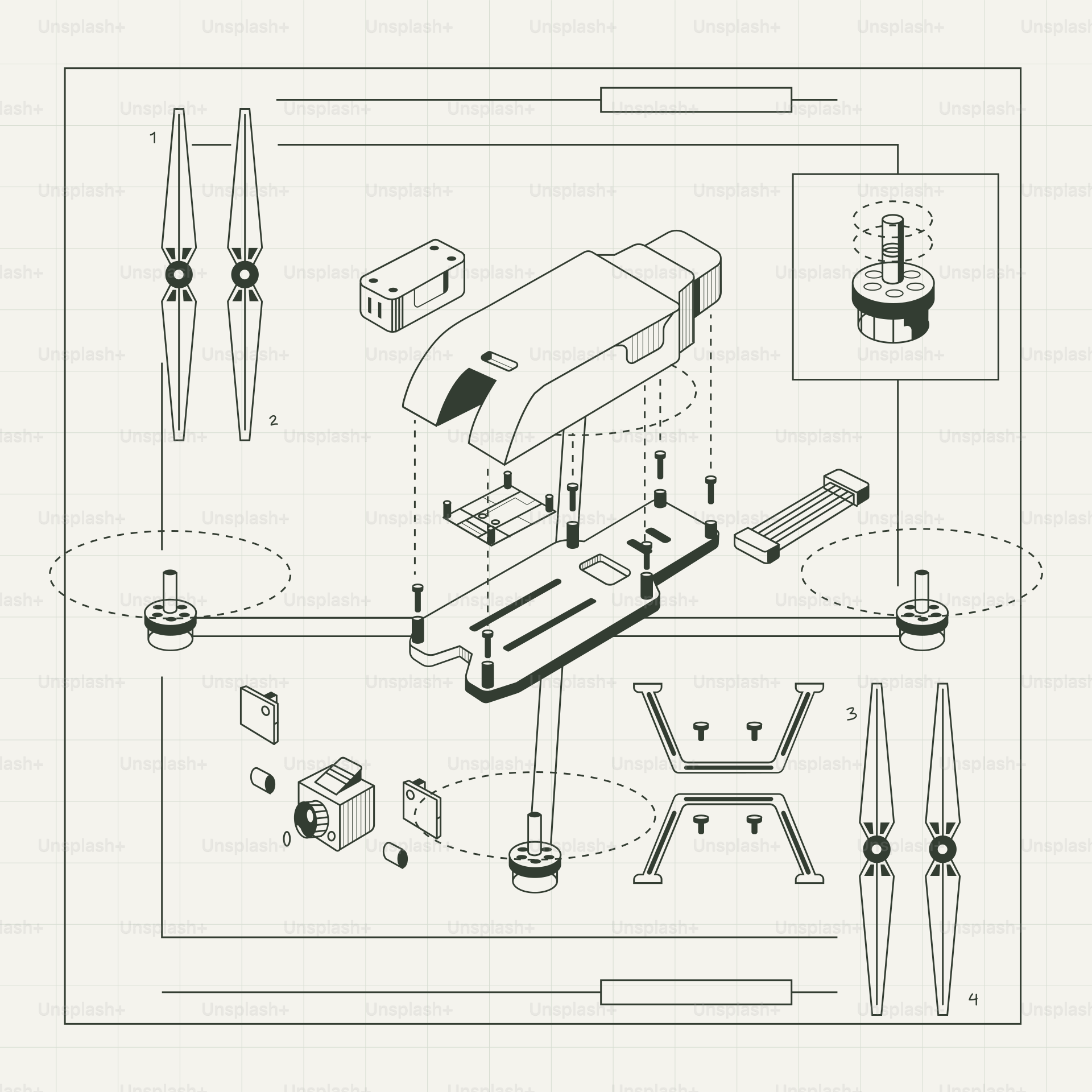 Diagram of drone parts and assembly instructions for assembly instructions