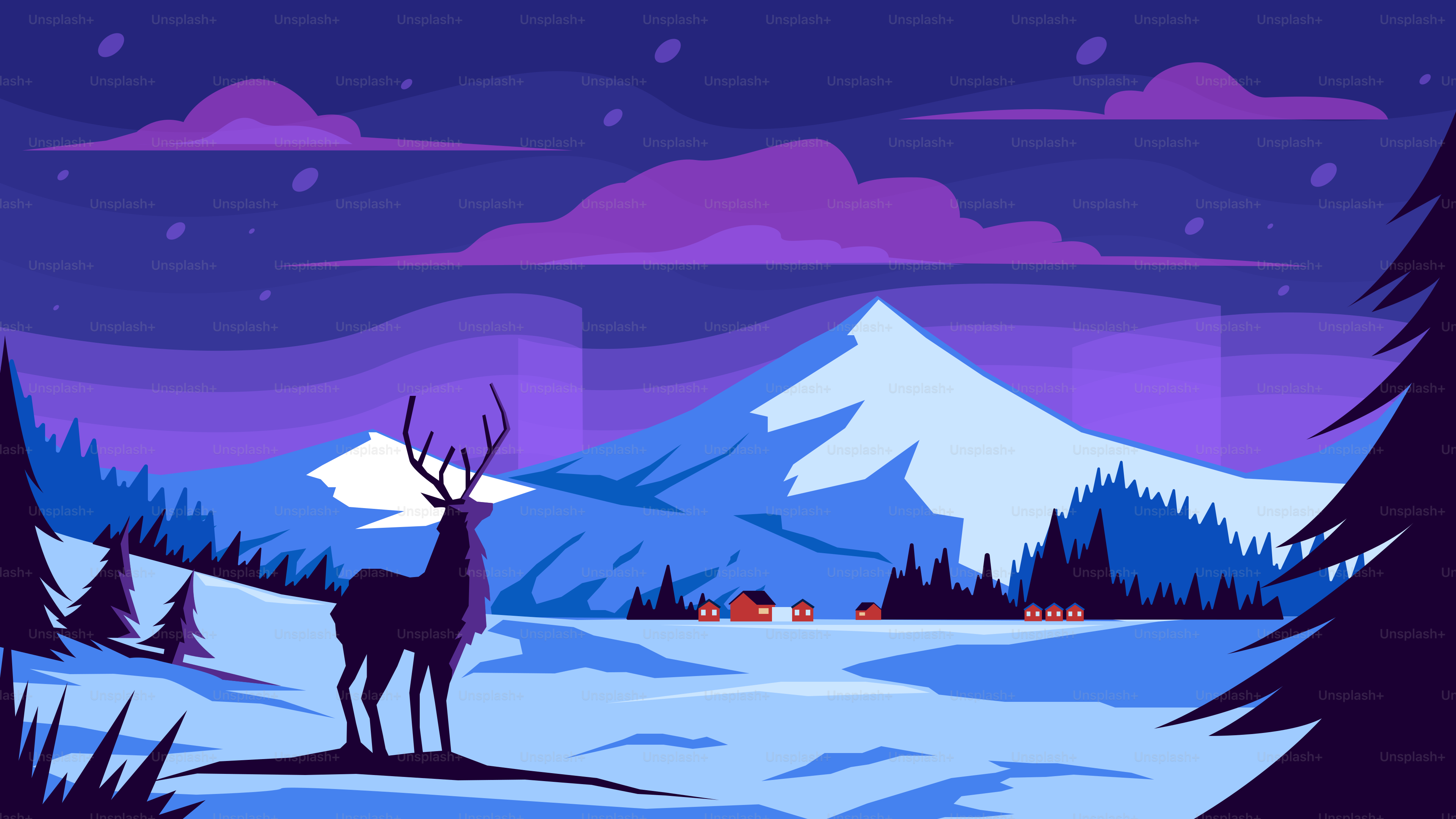 A majestic stag stands in a snowy landscape with mountains.