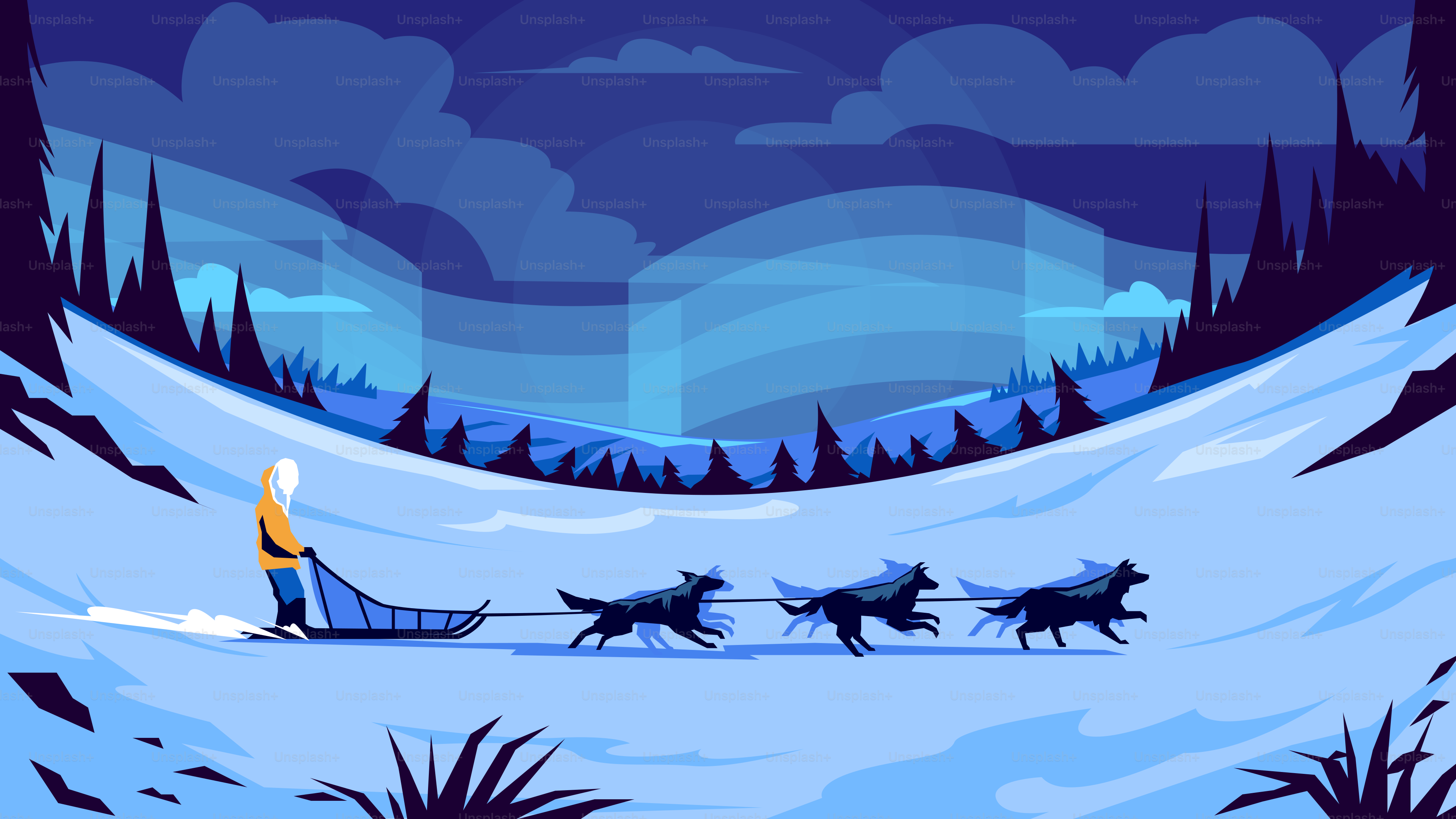 Person dogsledding through a snowy landscape at dusk.