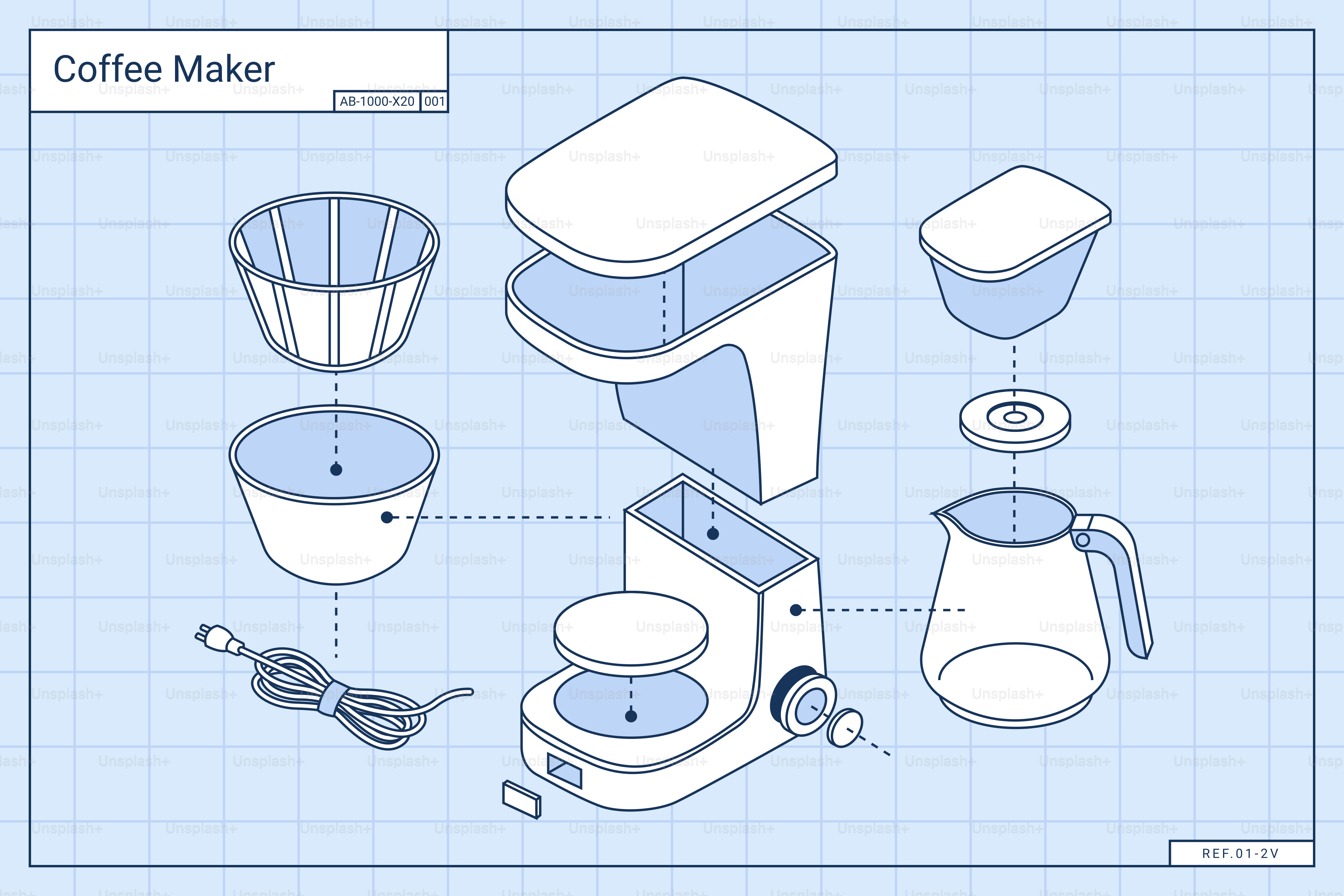 Exploded view of a coffee maker on grid background