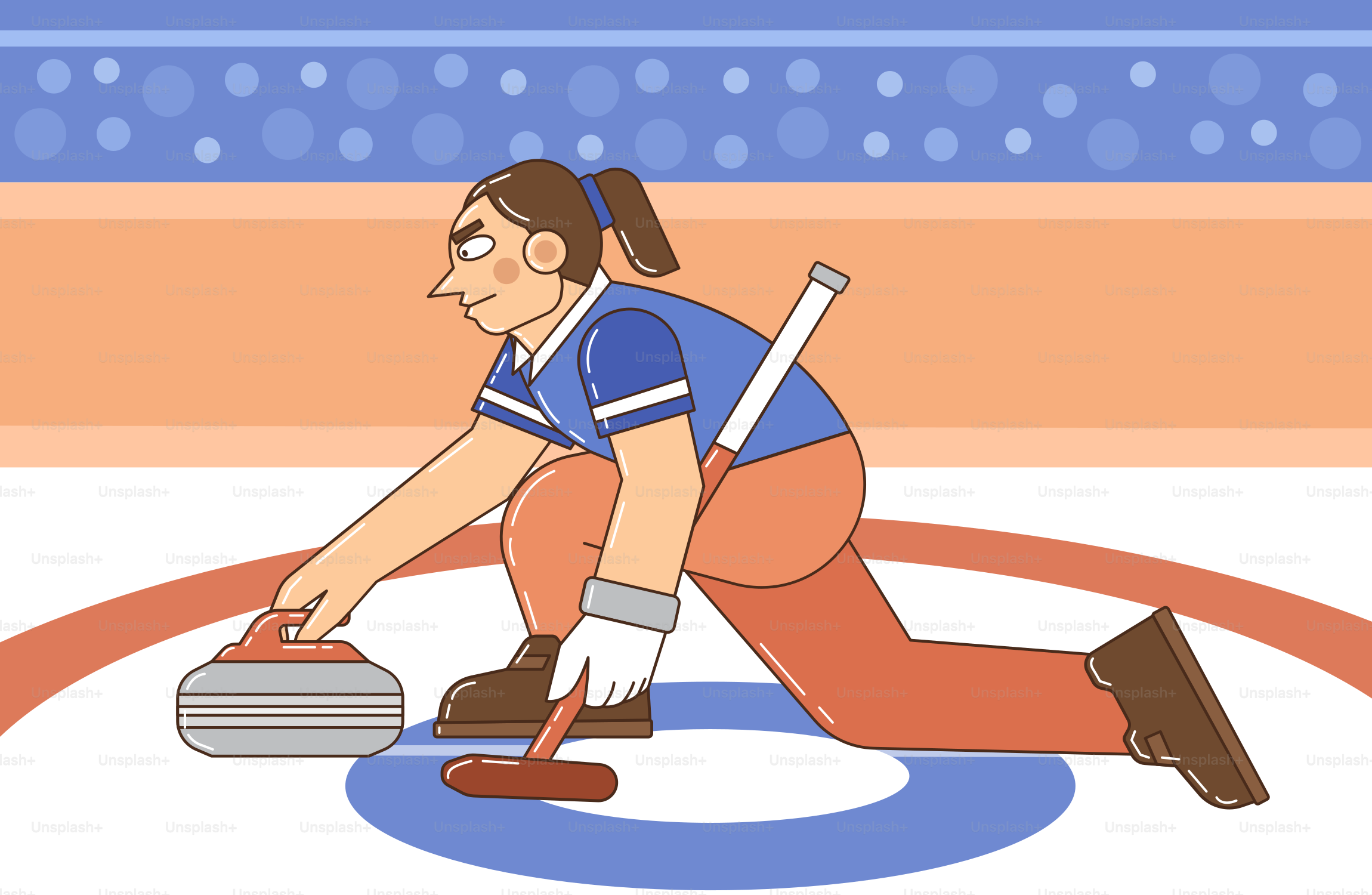 A woman plays curling on an ice rink.