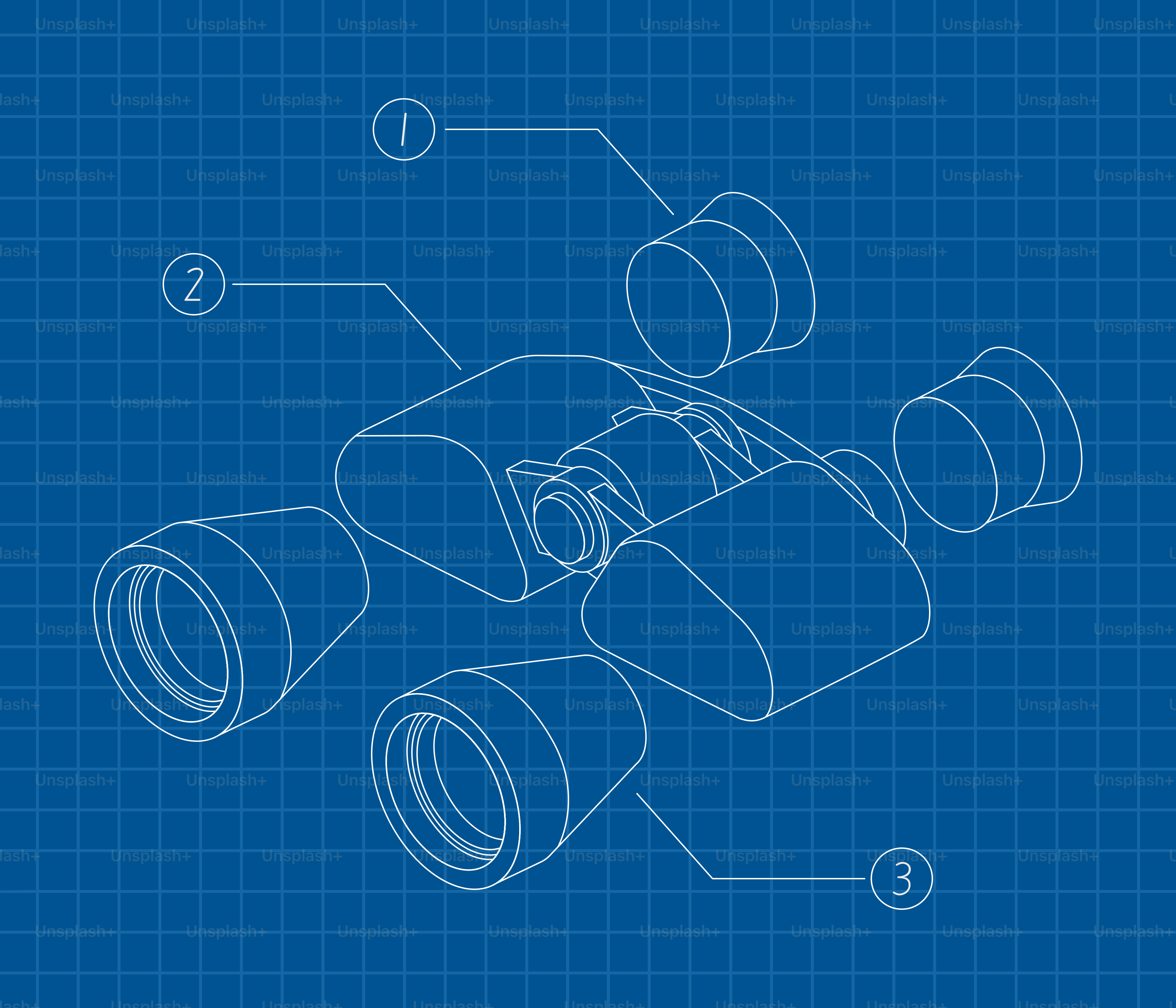Exploded view blueprint of binoculars with numbered parts